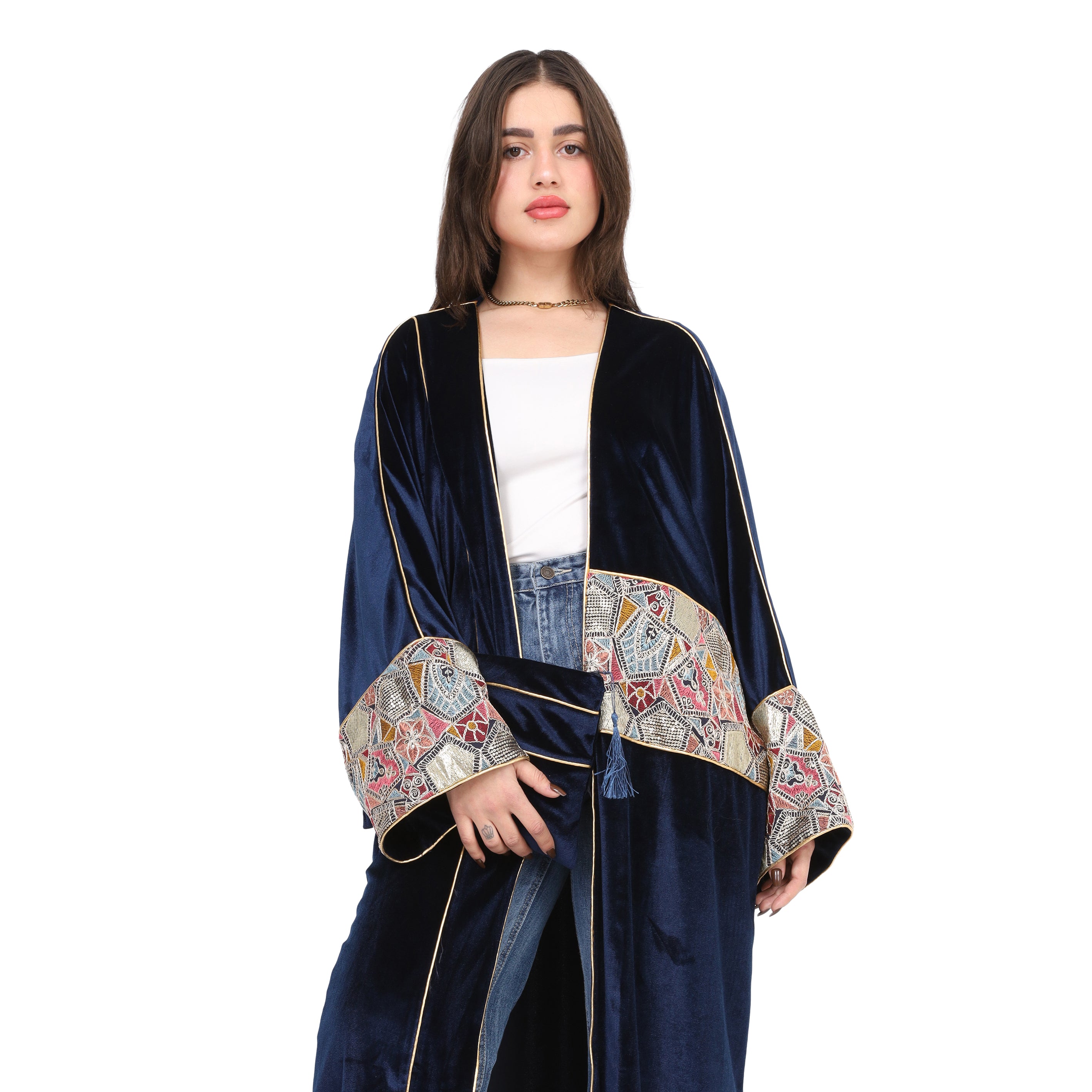 Velvet Kimono With Embroidered Patchwork Sleeves w17206039
