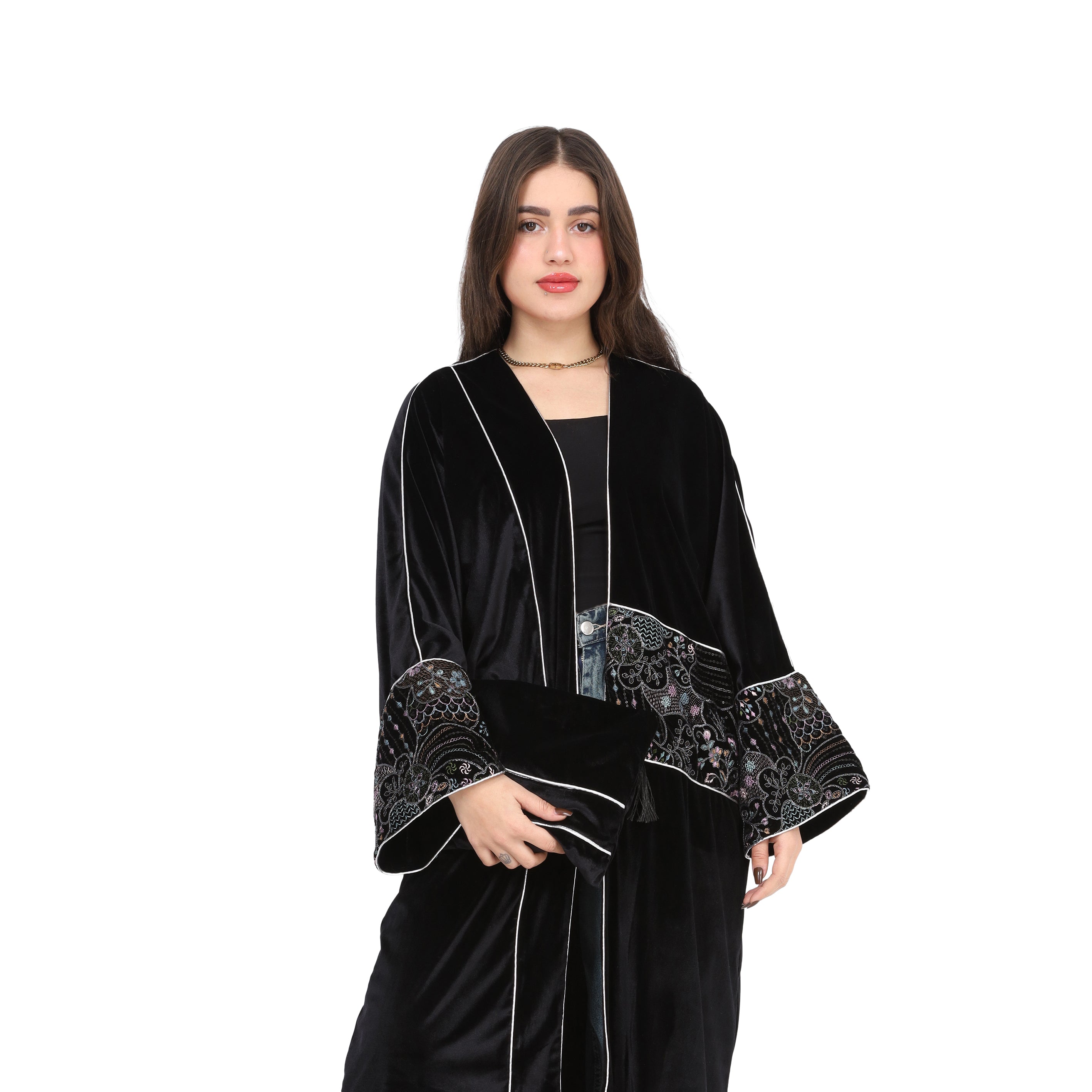 Velvet Kimono With Embroidered Patchwork Sleeves w17206043