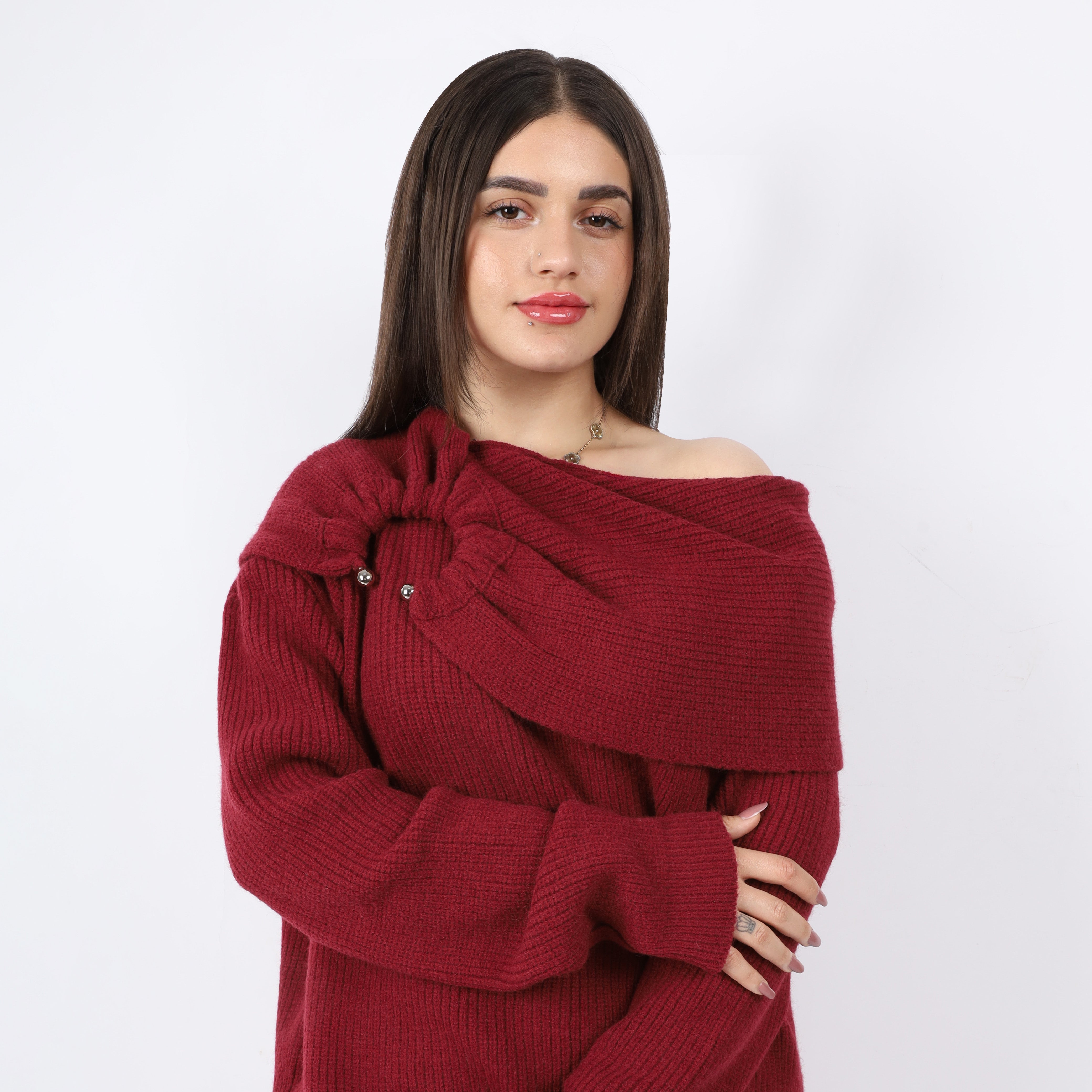 Off-Shoulder Knitted Sweater w17504014