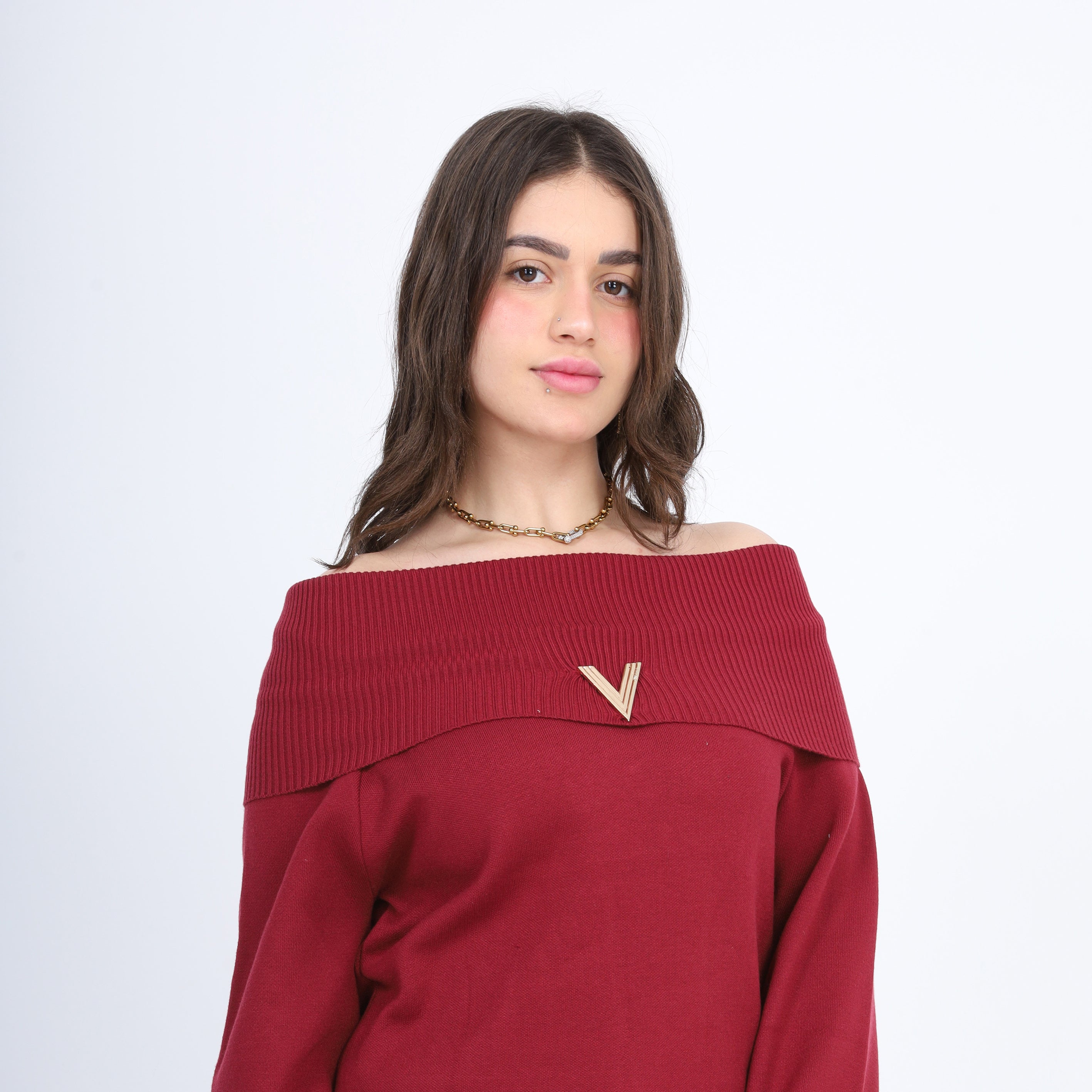 Off-Shoulder Knitted Pullover w17504020