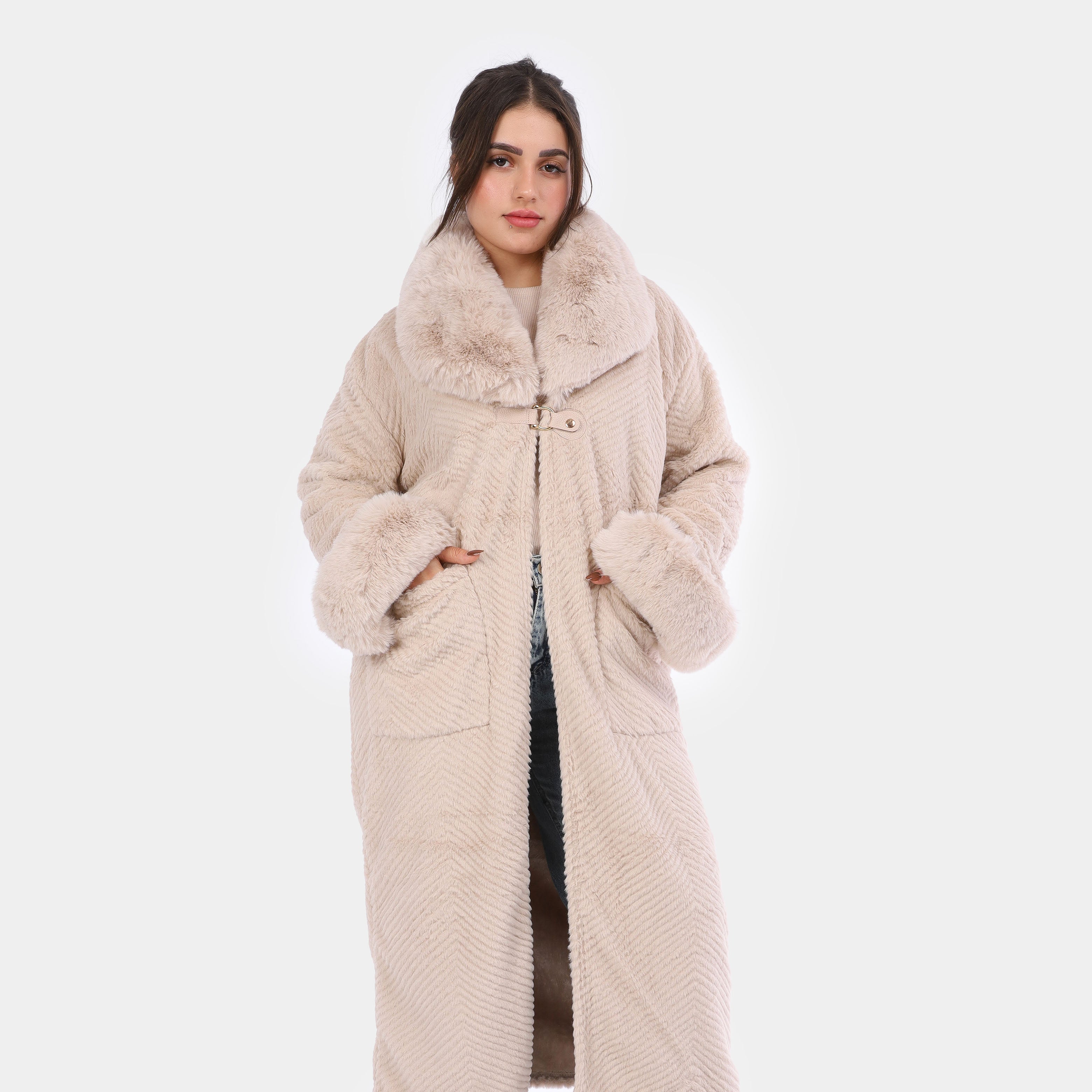 Luxury Faux Fur Belted Coat w17541185