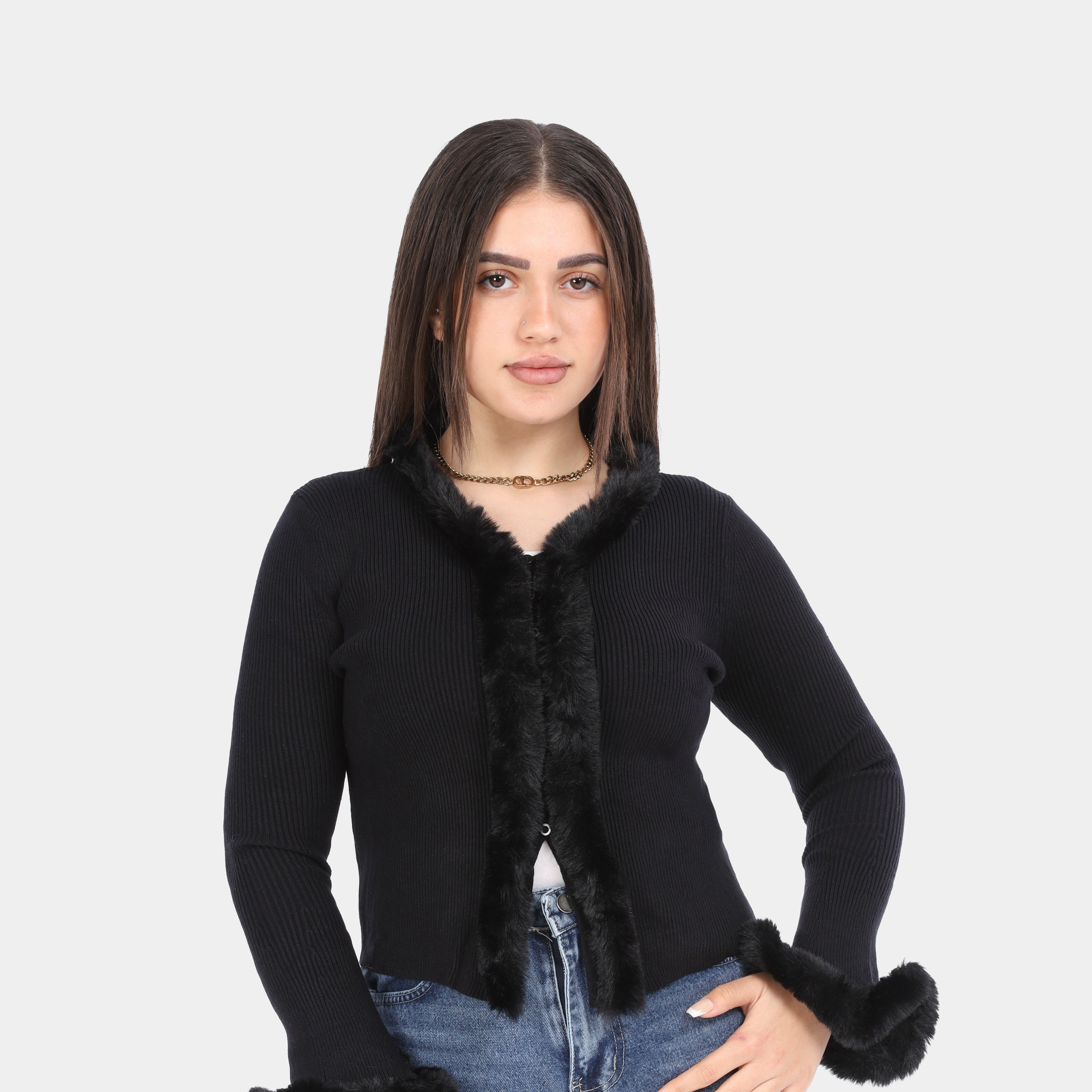 Faux Fur Trim Knit Blouse w1754137