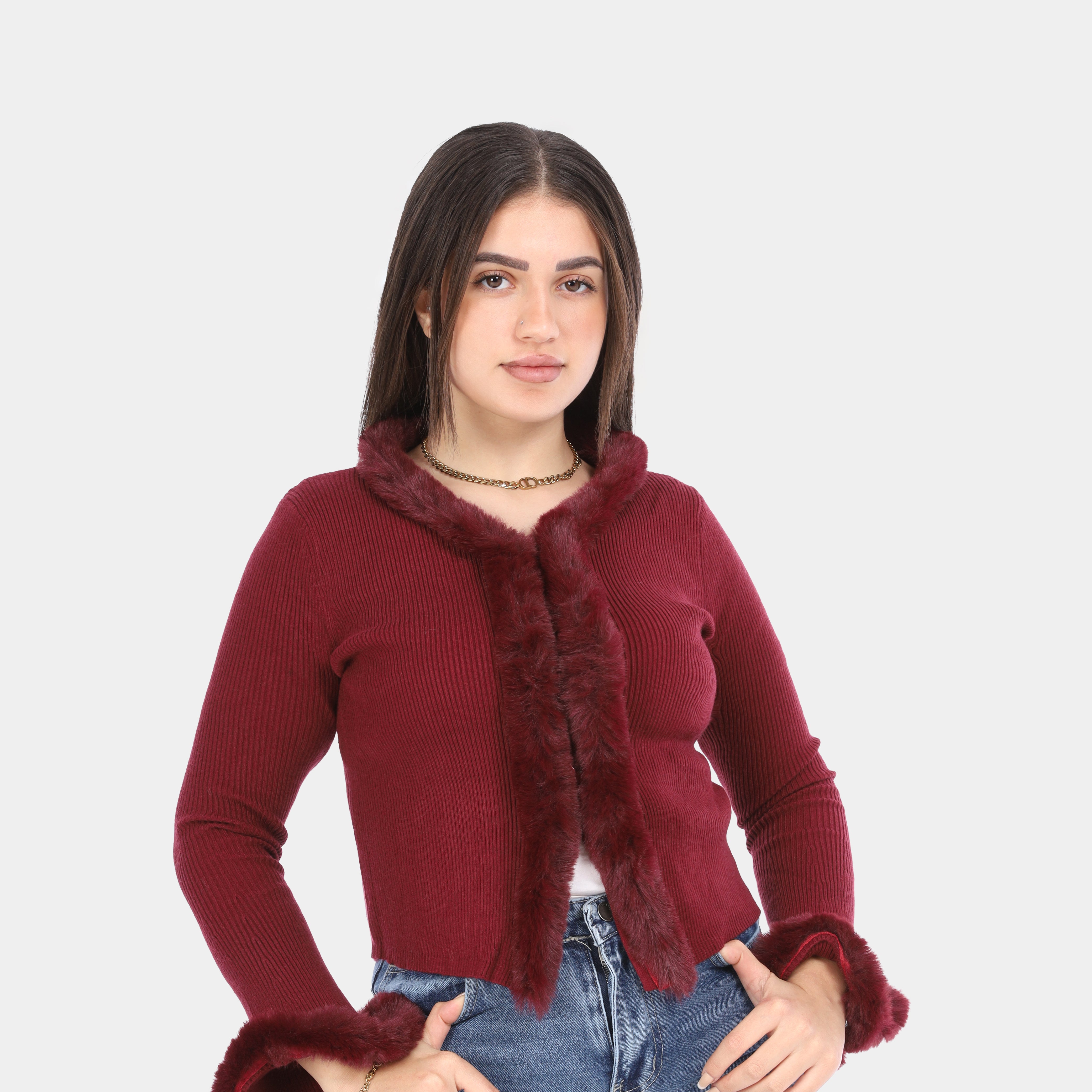 Faux Fur Trim Knit Blouse w1754137