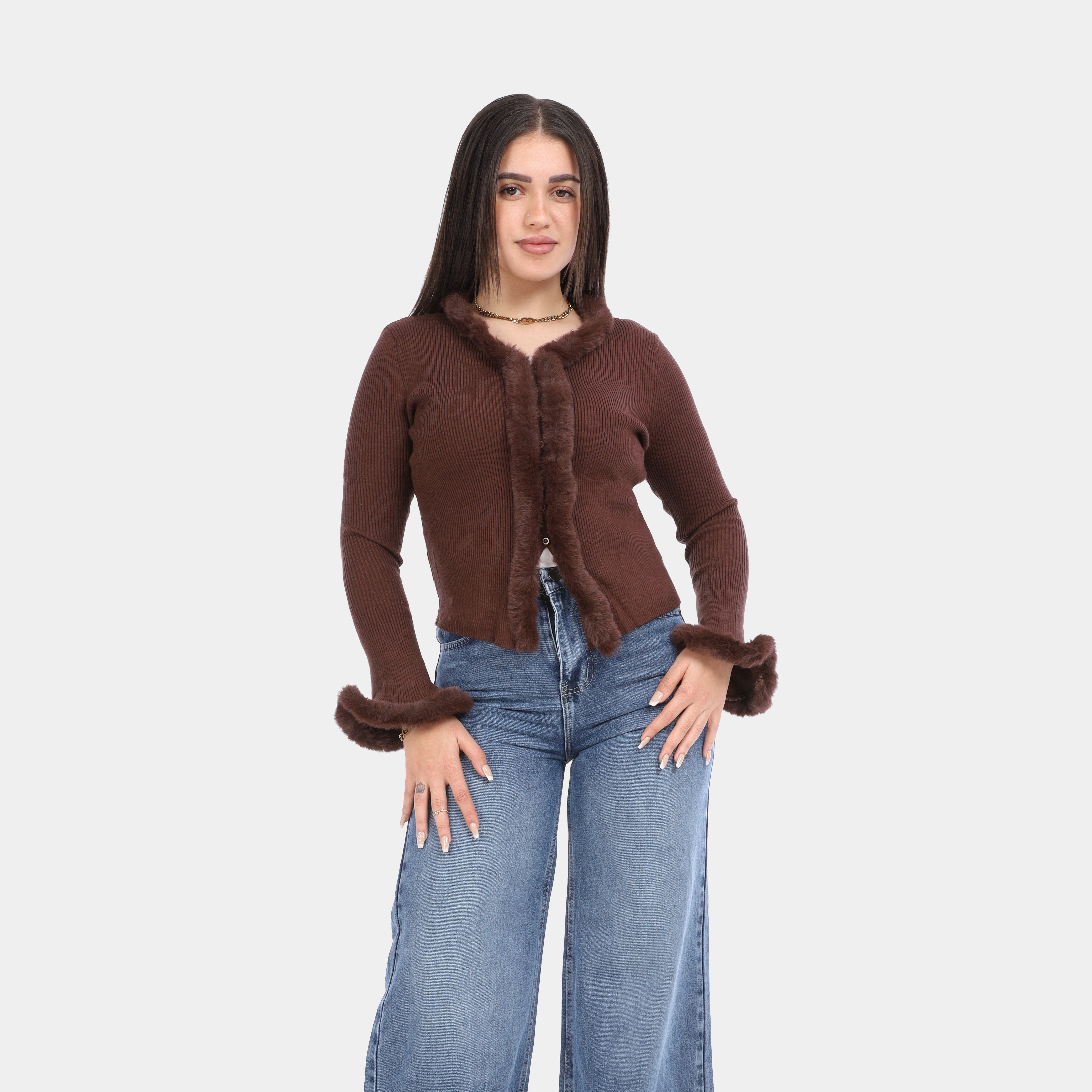 Faux Fur Trim Knit Blouse w1754137