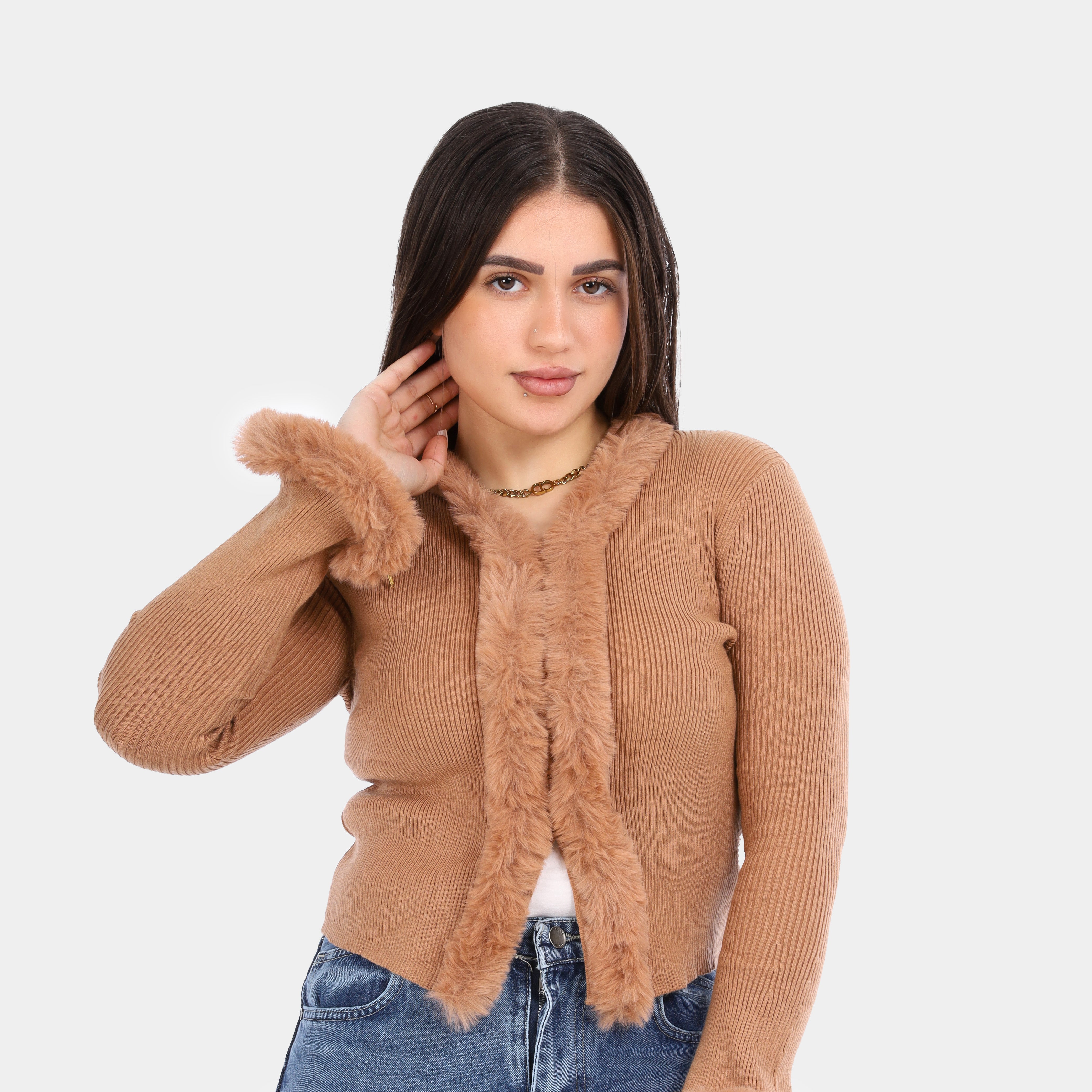 Faux Fur Trim Knit Blouse w1754137