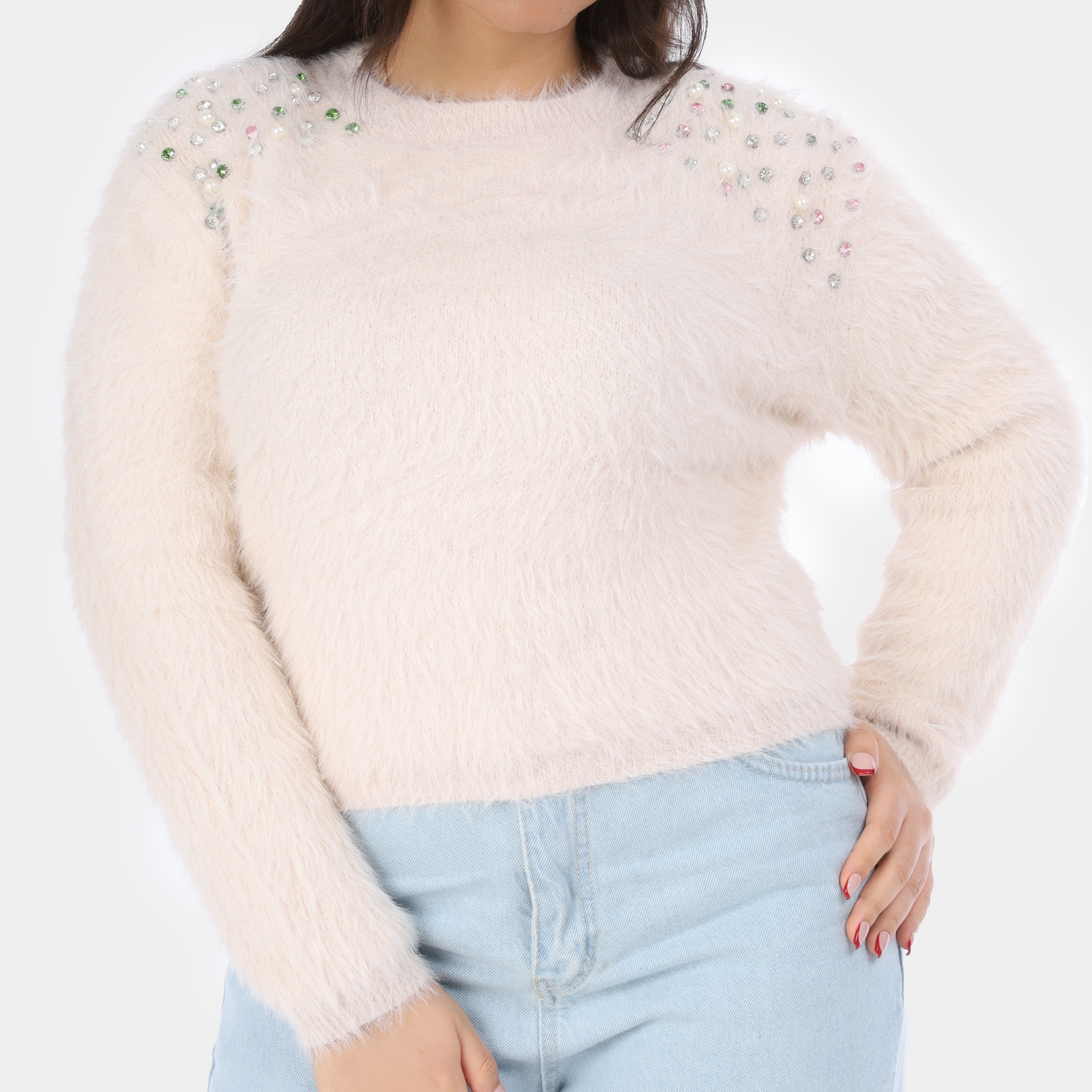 Faux Fur Sweater with Pearl-Embellished Shoulders w17542963