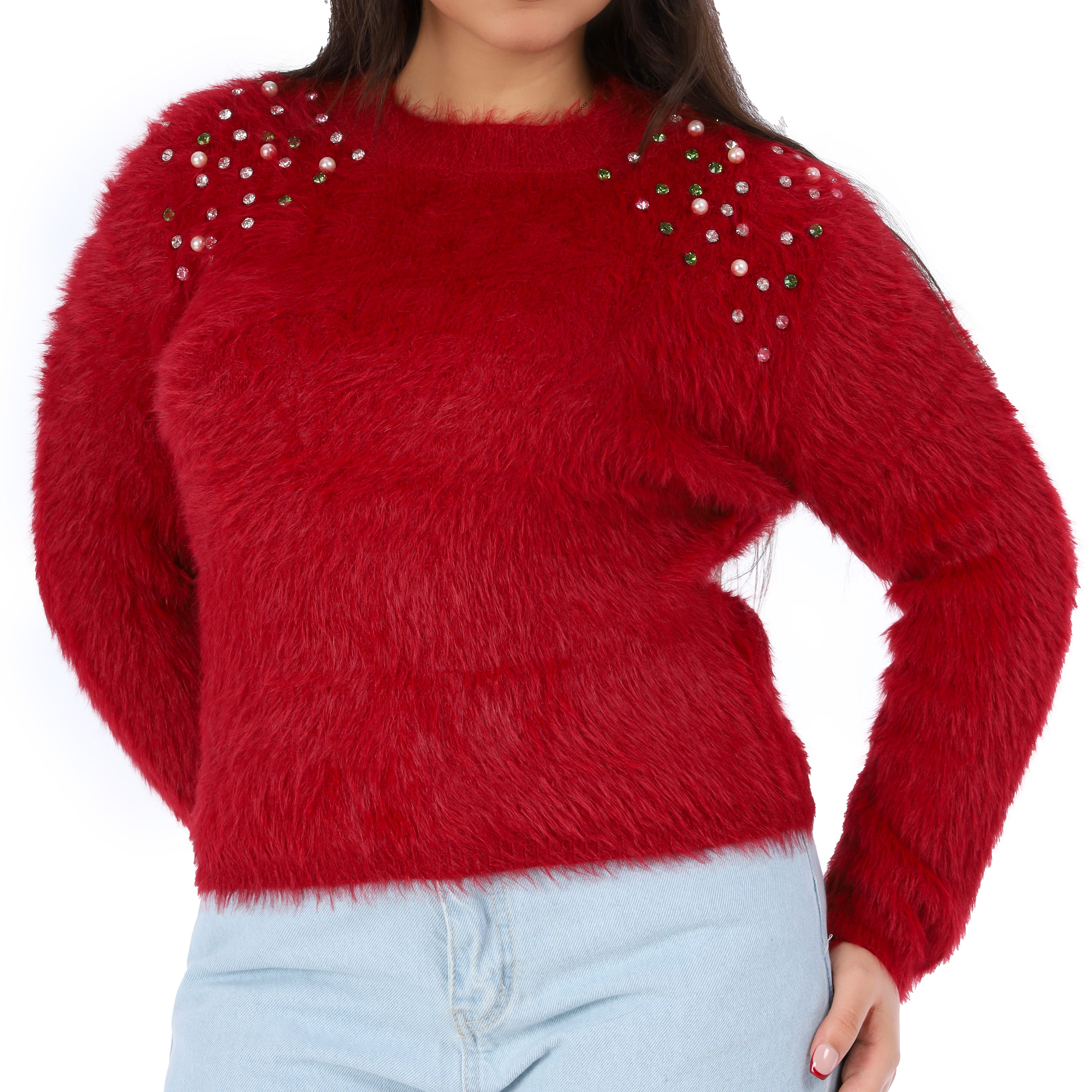 Faux Fur Sweater with Pearl-Embellished Shoulders w17542963