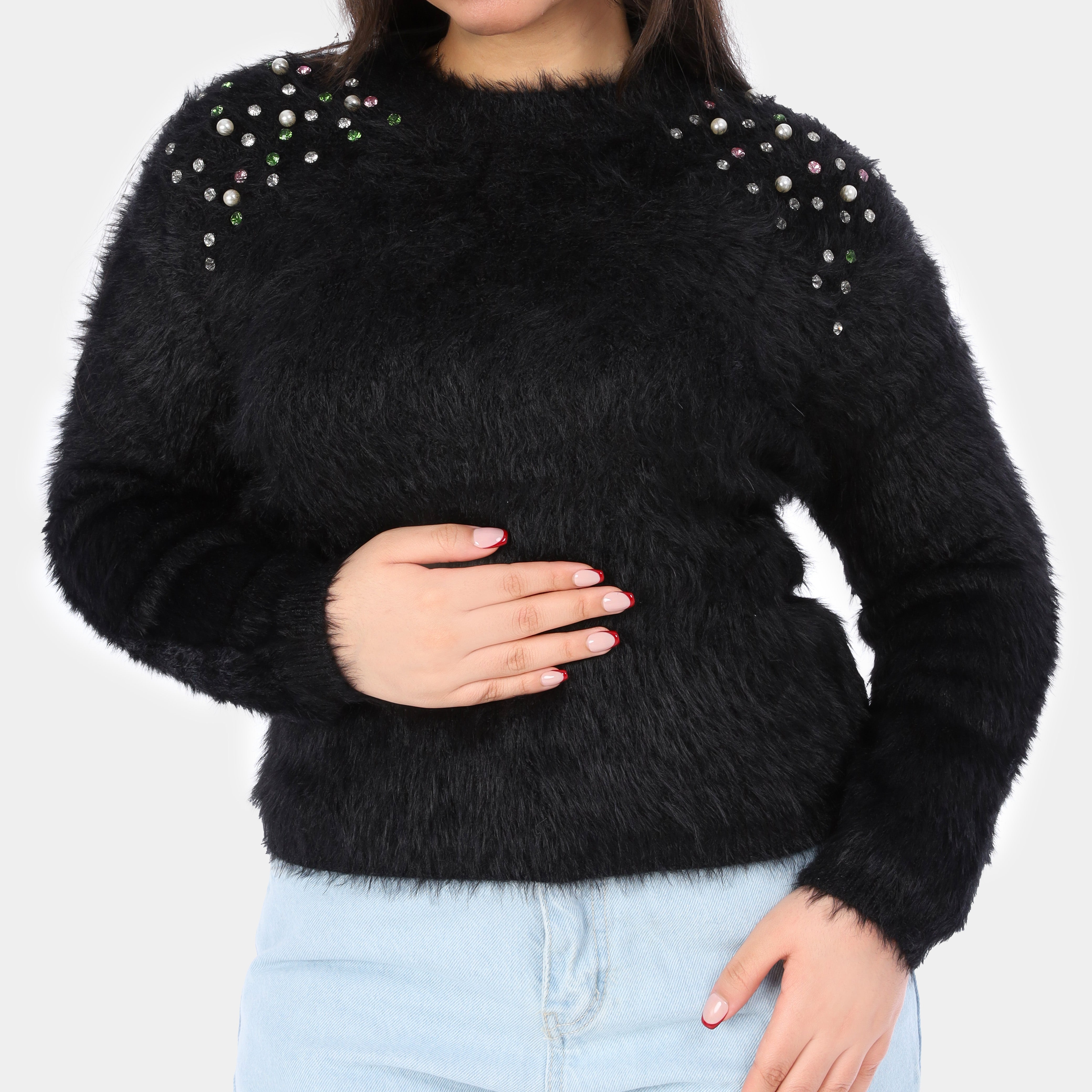 Faux Fur Sweater with Pearl-Embellished Shoulders w17542963