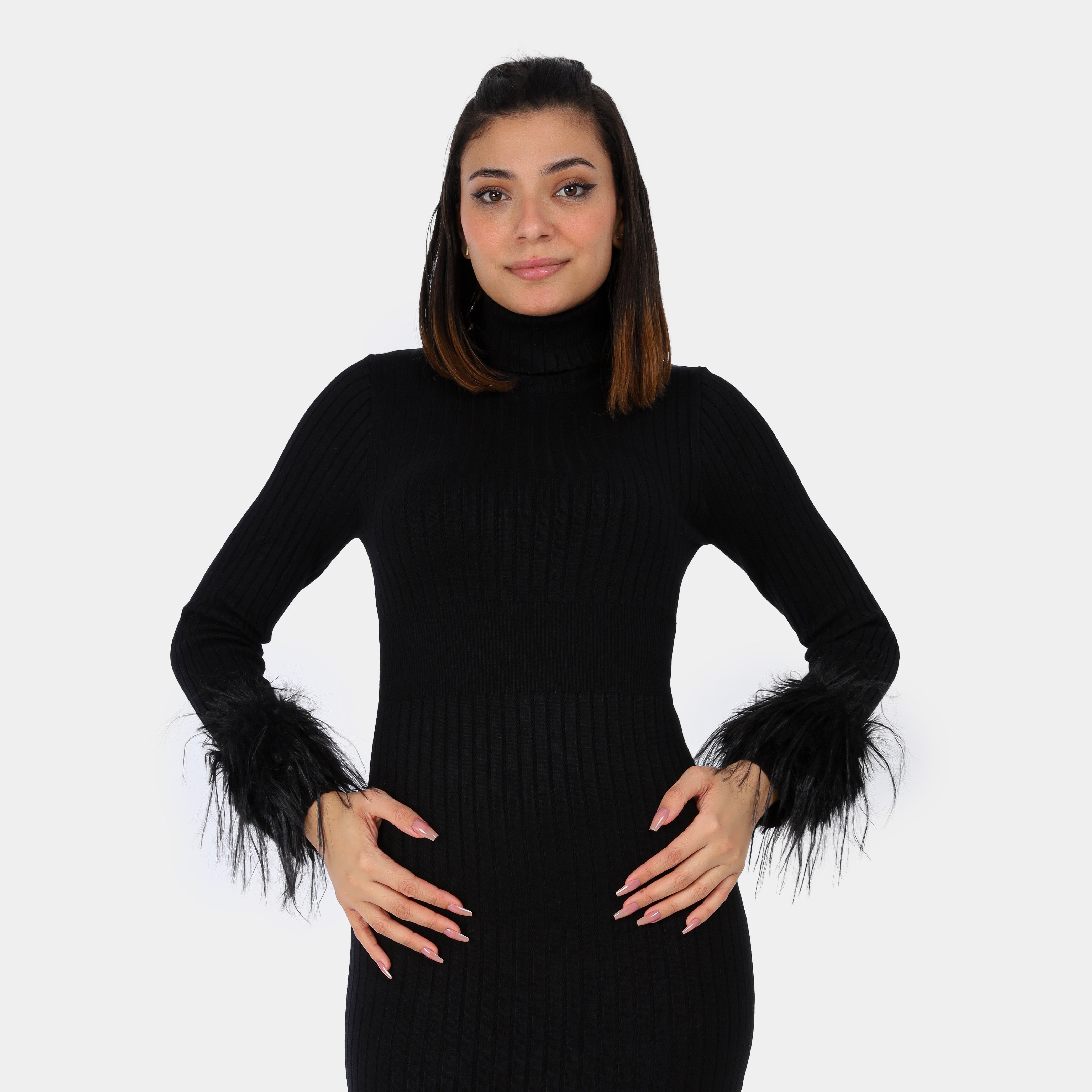 Ribbed Mini Dress with Faux Fur Fringe Sleeves w17543935