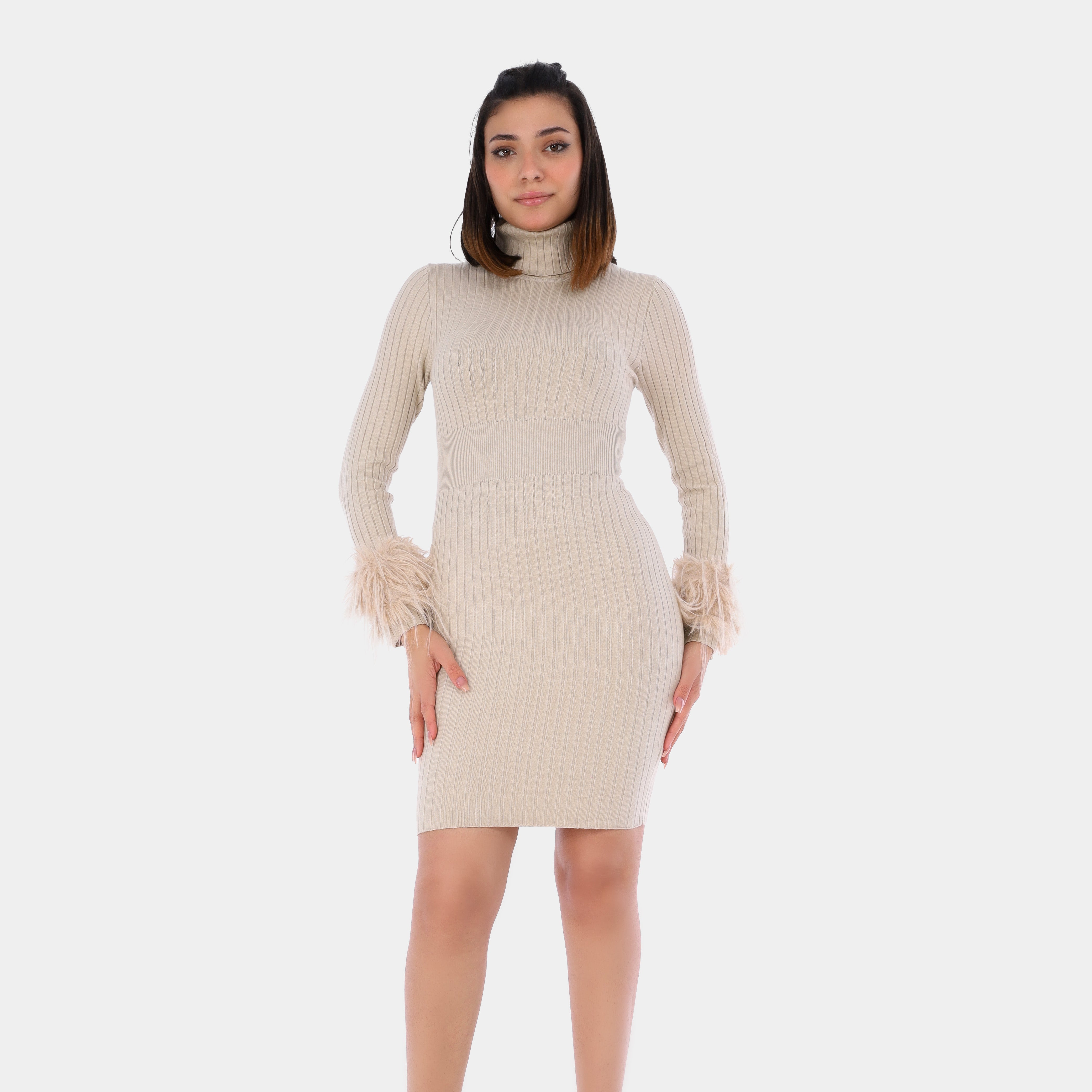 Ribbed Mini Dress with Faux Fur Fringe Sleeves w17543935