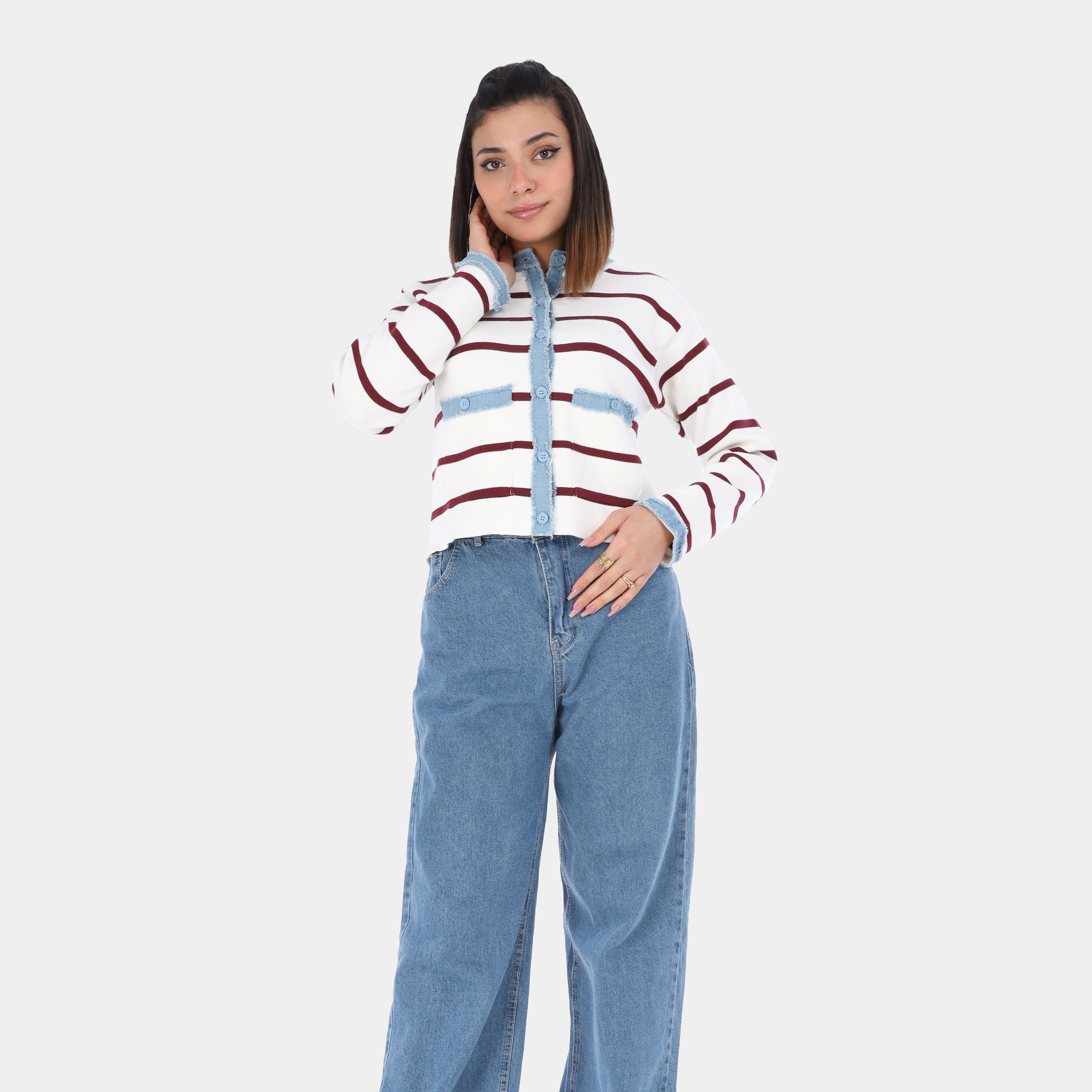 Striped Denim-Effect Cardigan w17549008