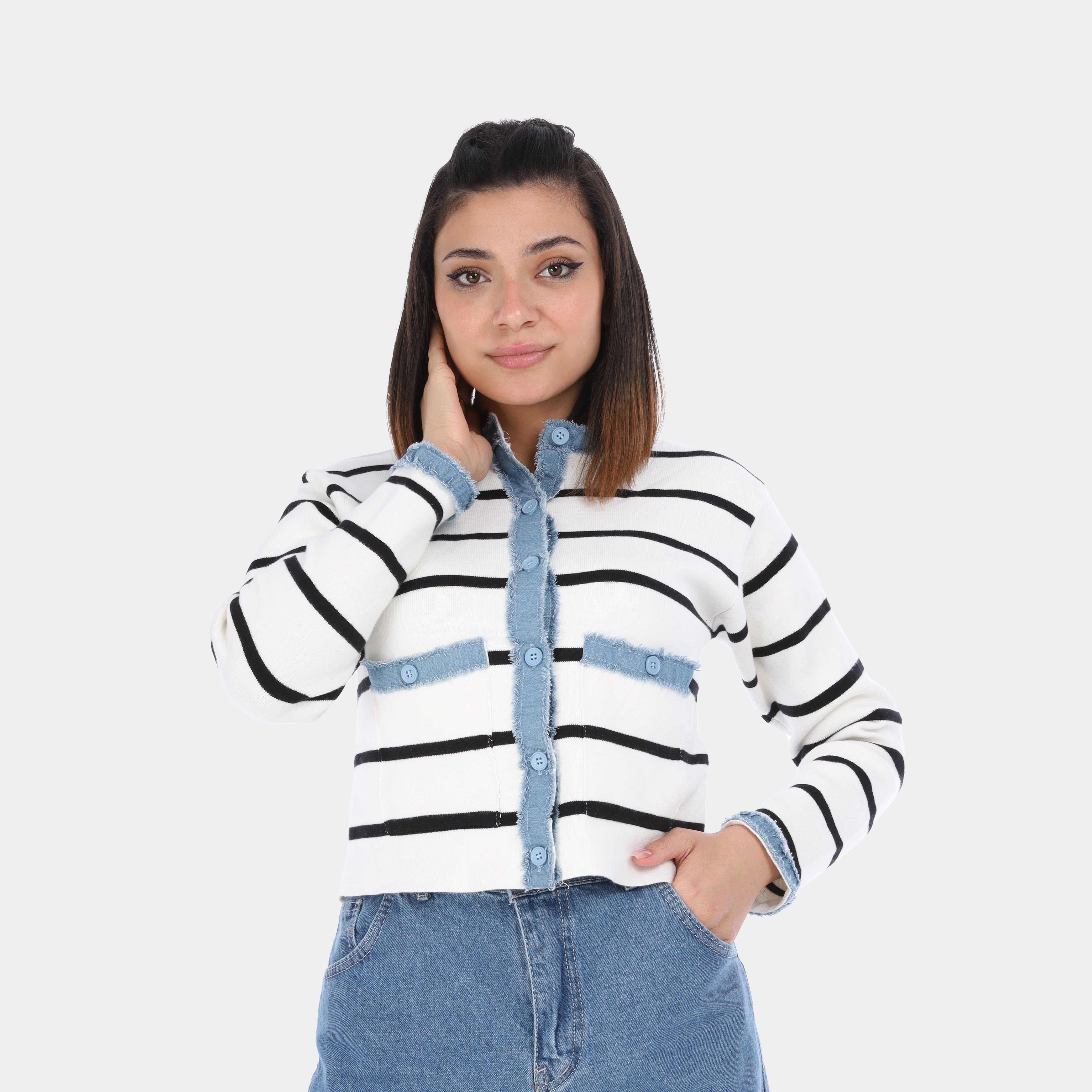 Striped Denim-Effect Cardigan w17549008