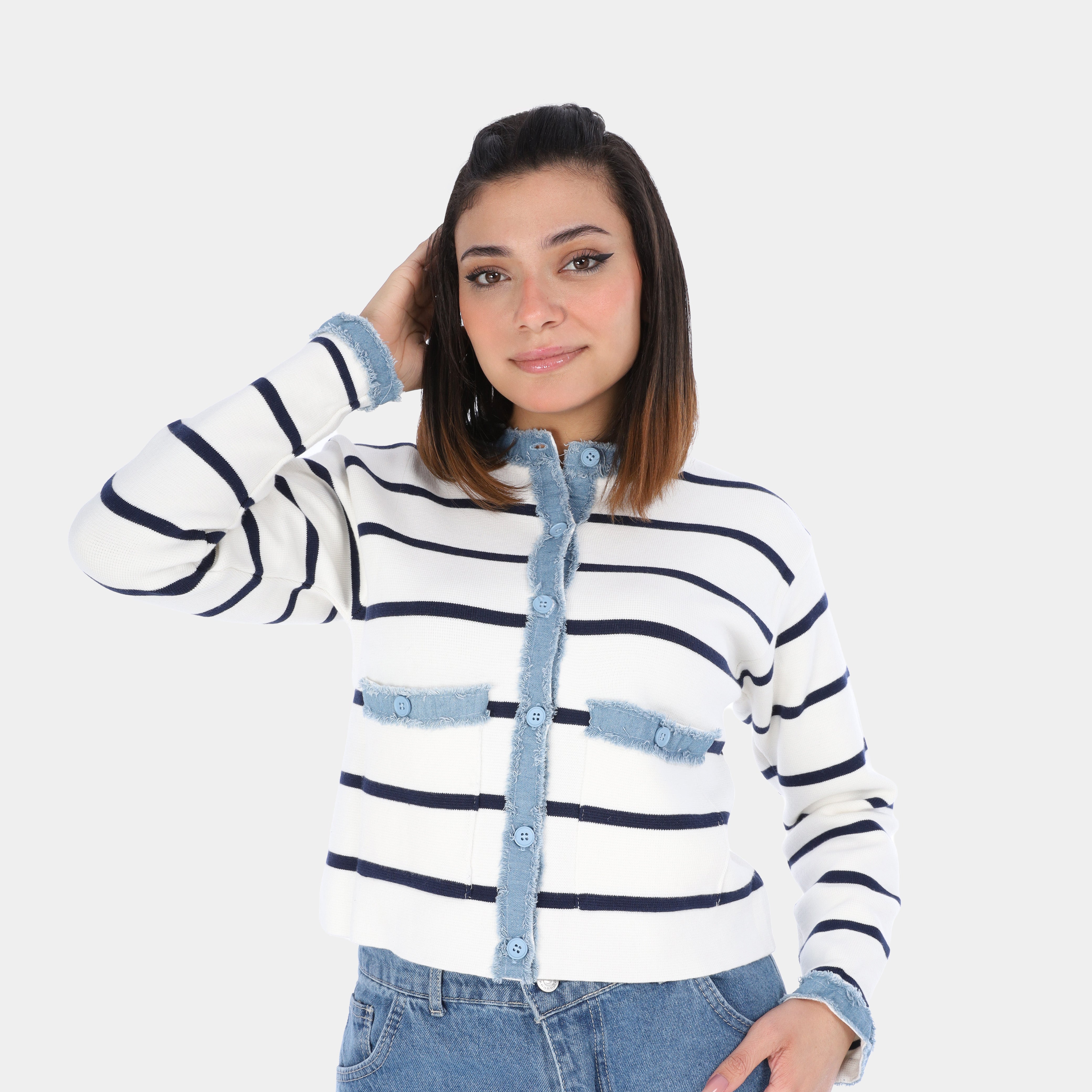Striped Denim-Effect Cardigan w17549008