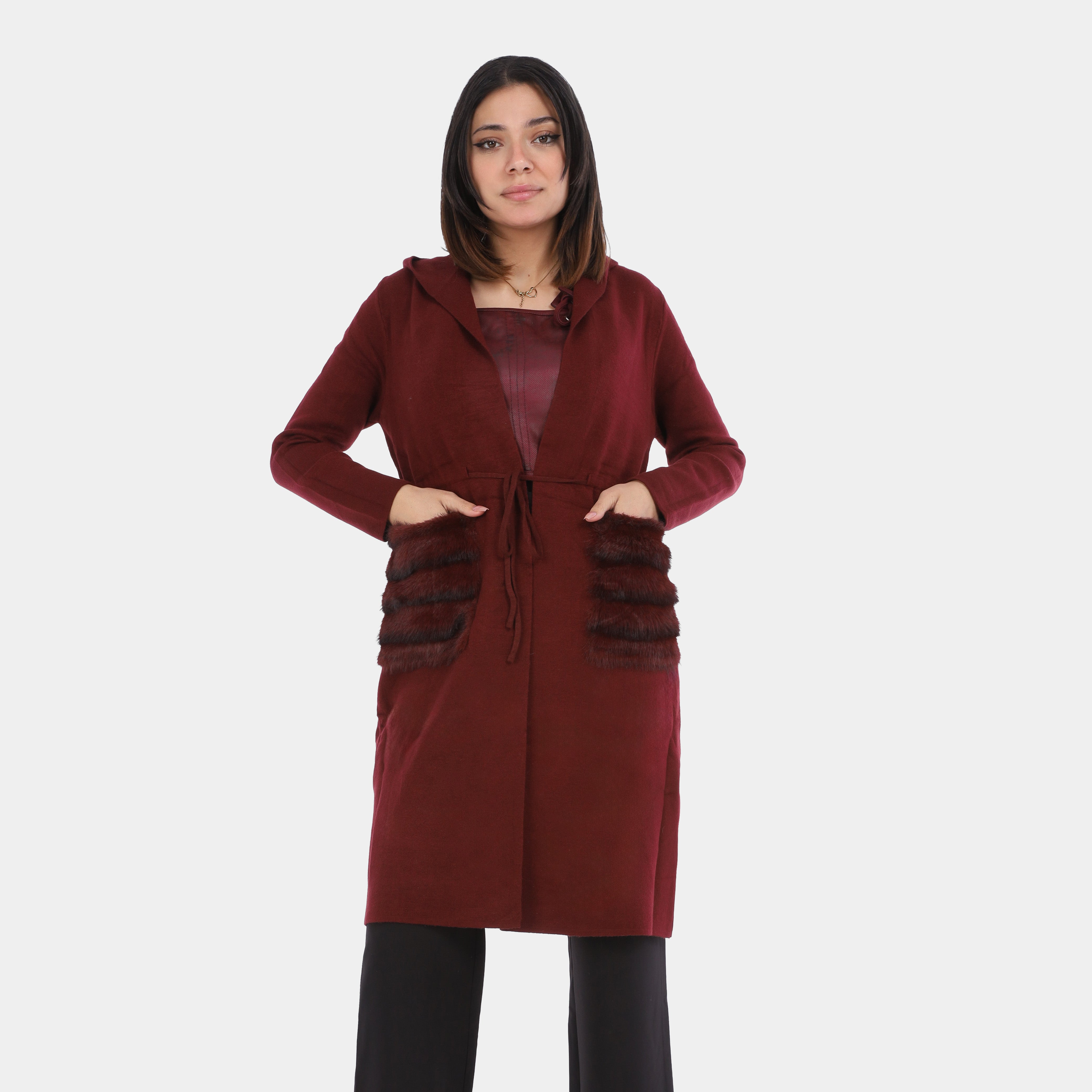 Hooded Fleece Cardigan with Faux Fur Pockets w1754a119