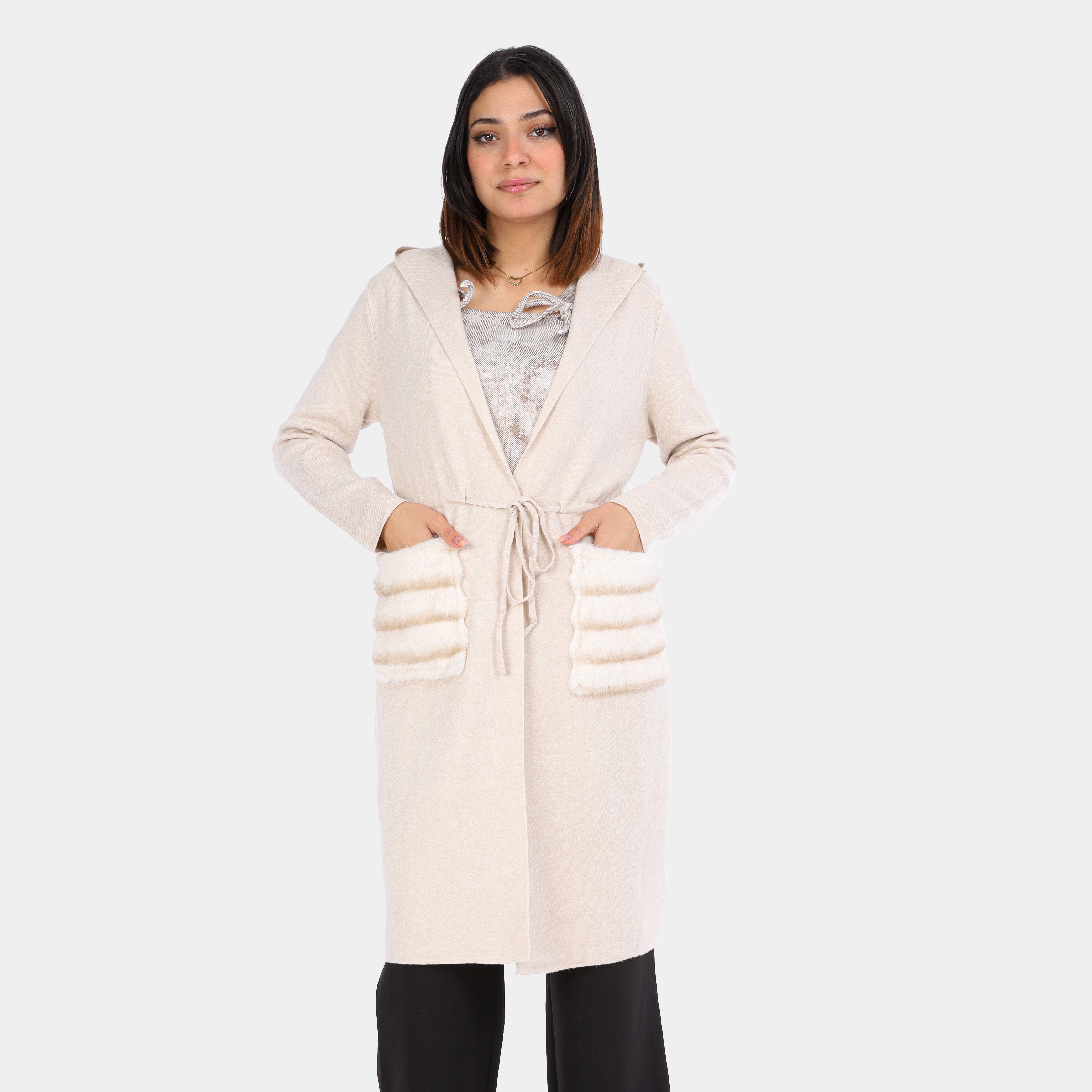 Hooded Fleece Cardigan with Faux Fur Pockets w1754a119