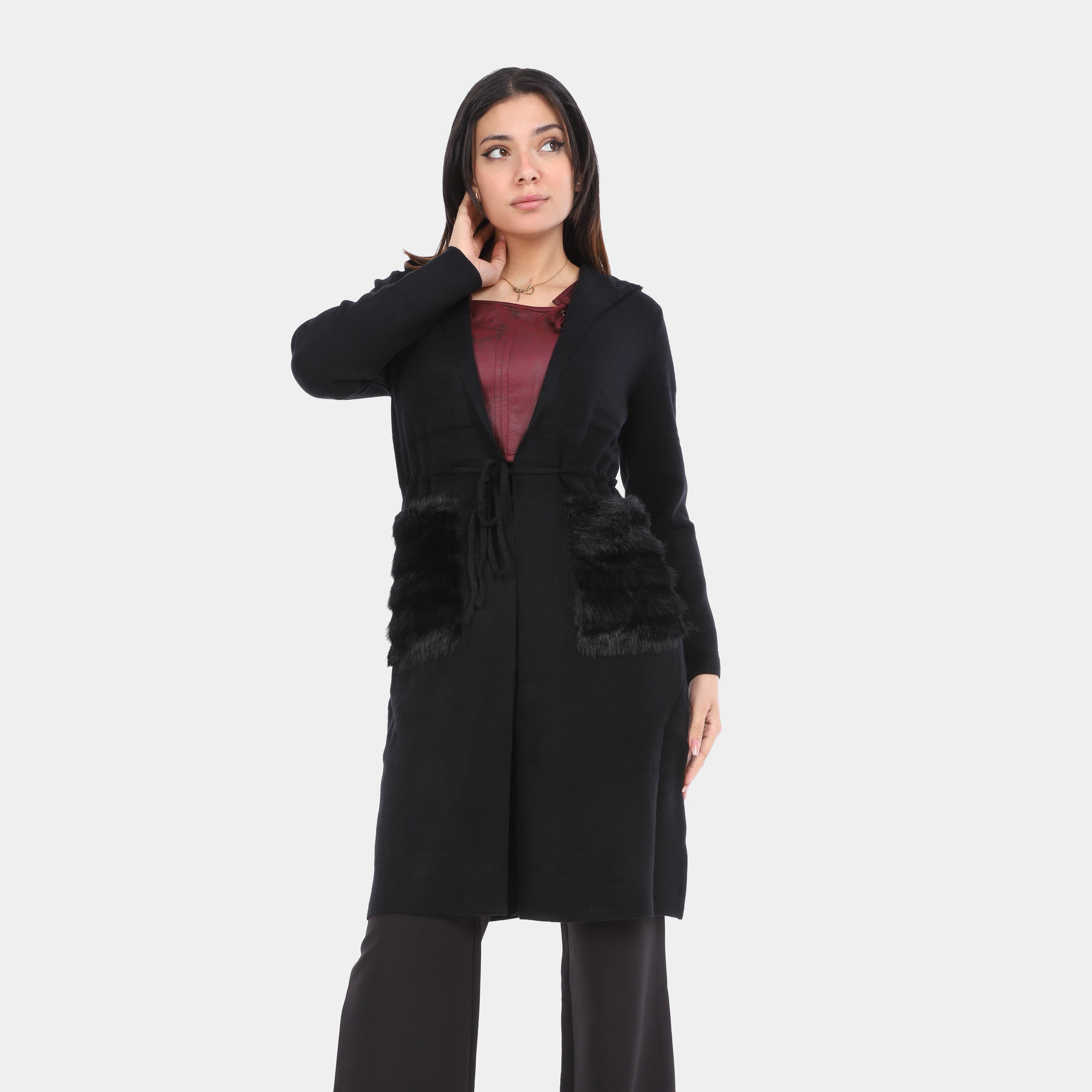 Hooded Fleece Cardigan with Faux Fur Pockets w1754a119