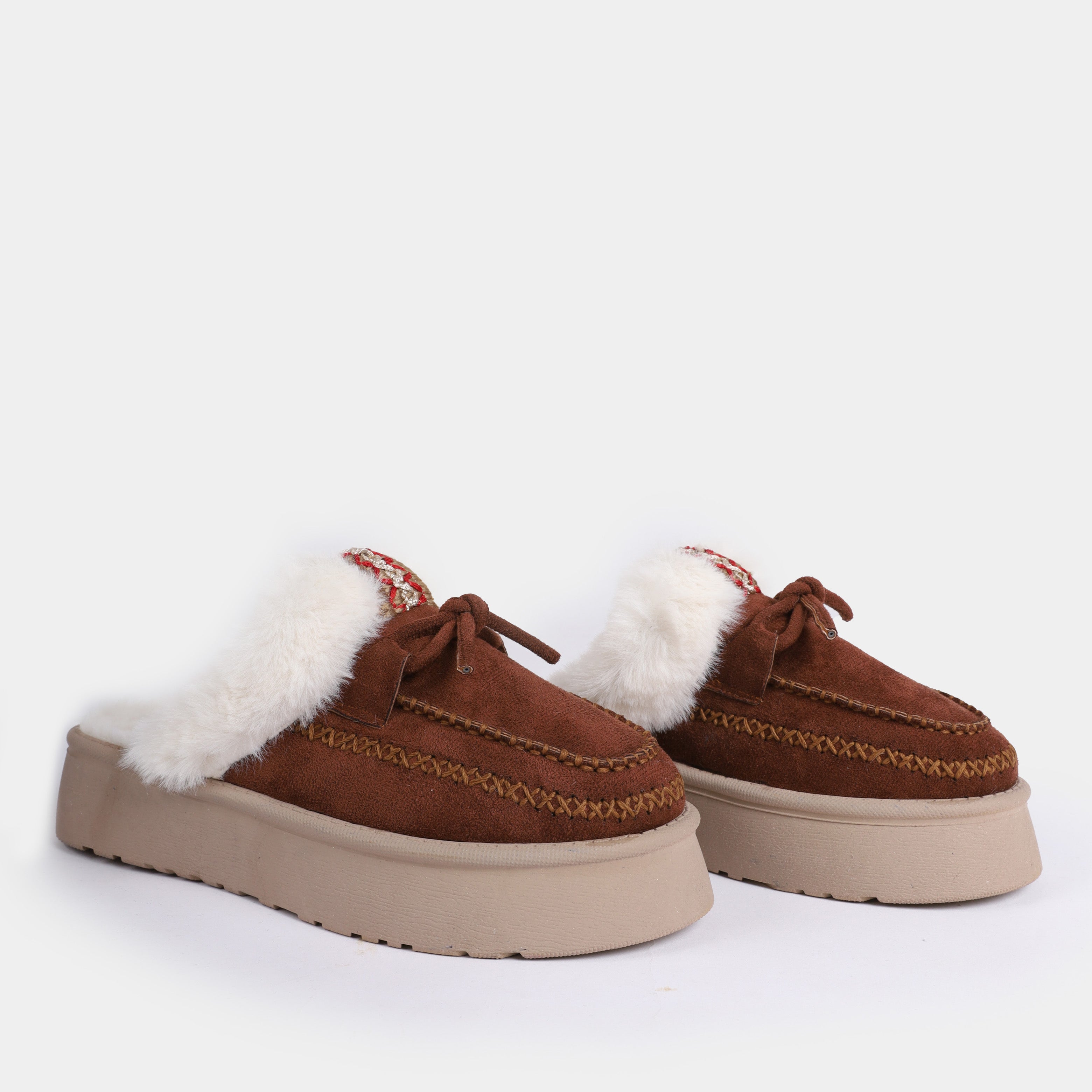 Suede Platform Faux Fur Lined Slippers w17795020