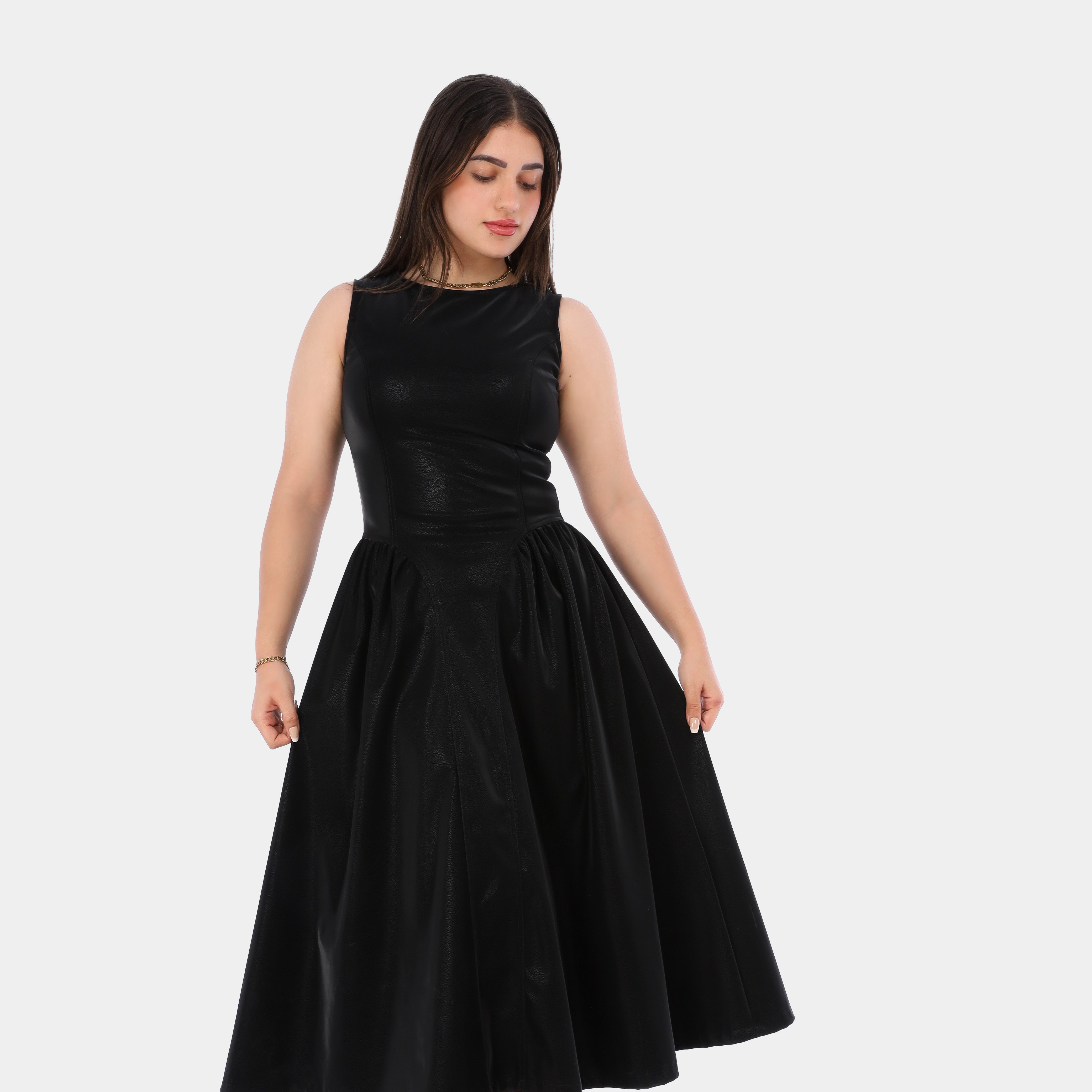 Sleeveless Faux Leather Flared Maxi Dress w703718