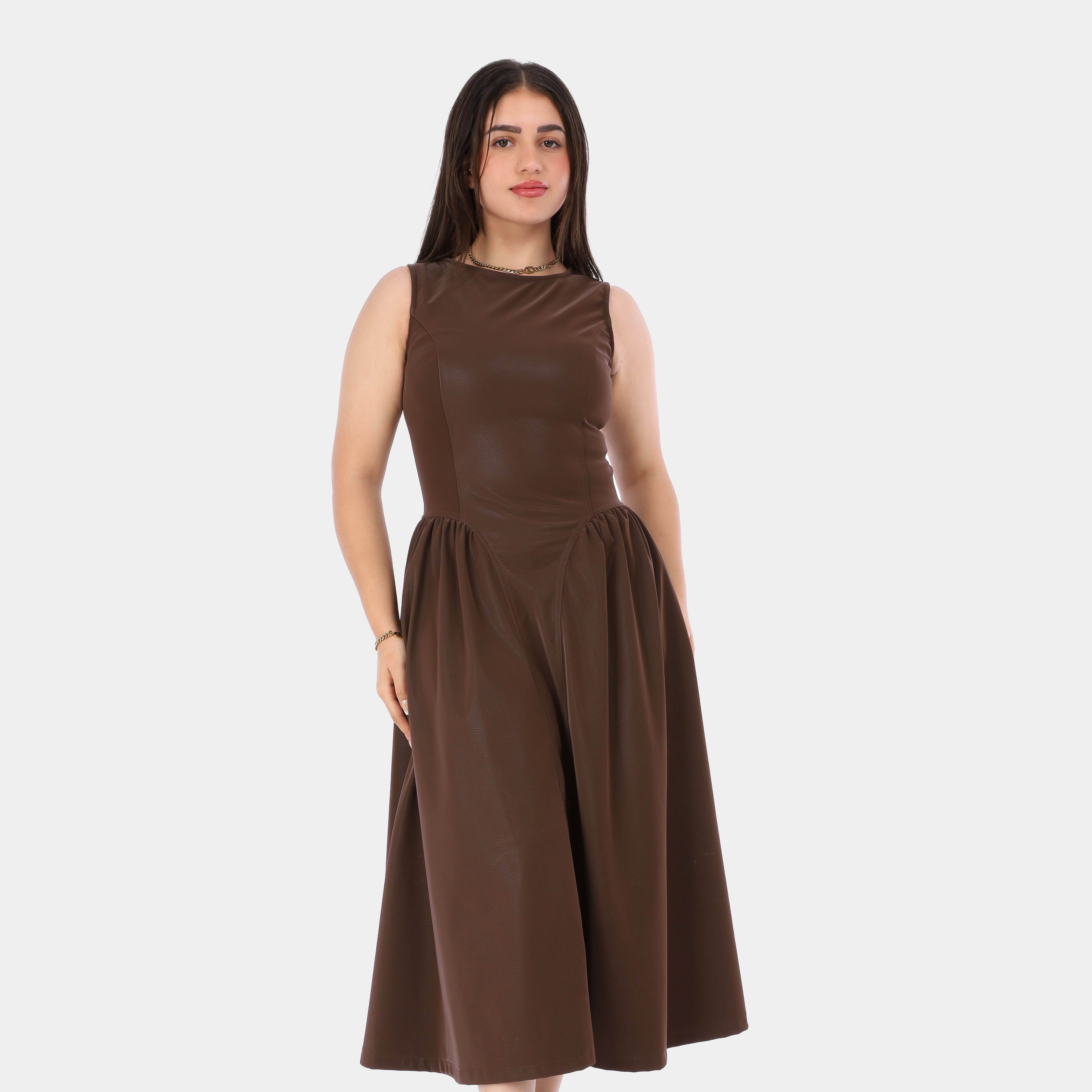 Sleeveless Faux Leather Flared Maxi Dress w703718