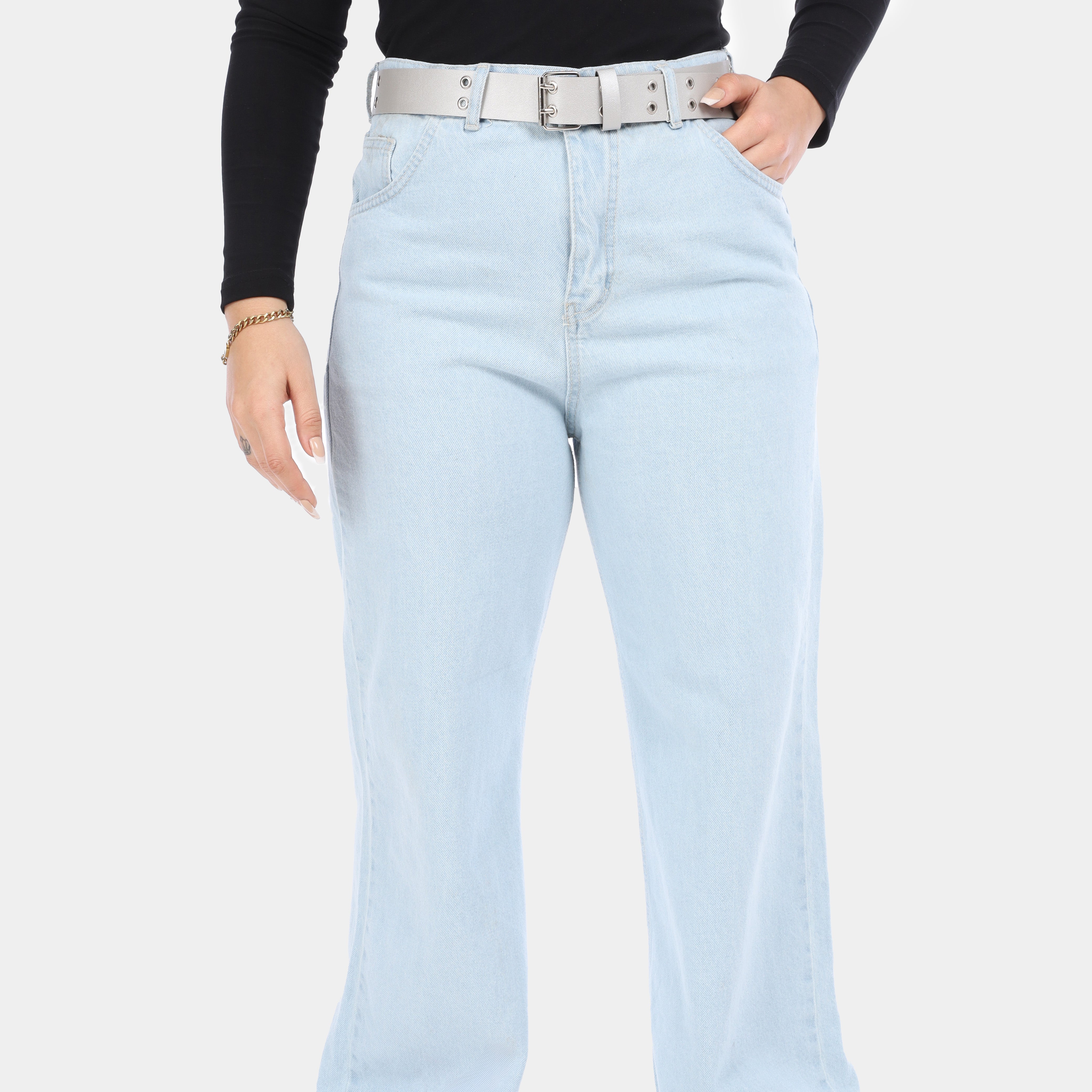 Wide Leg Denim Jeans with Silver Waist Belt w711793