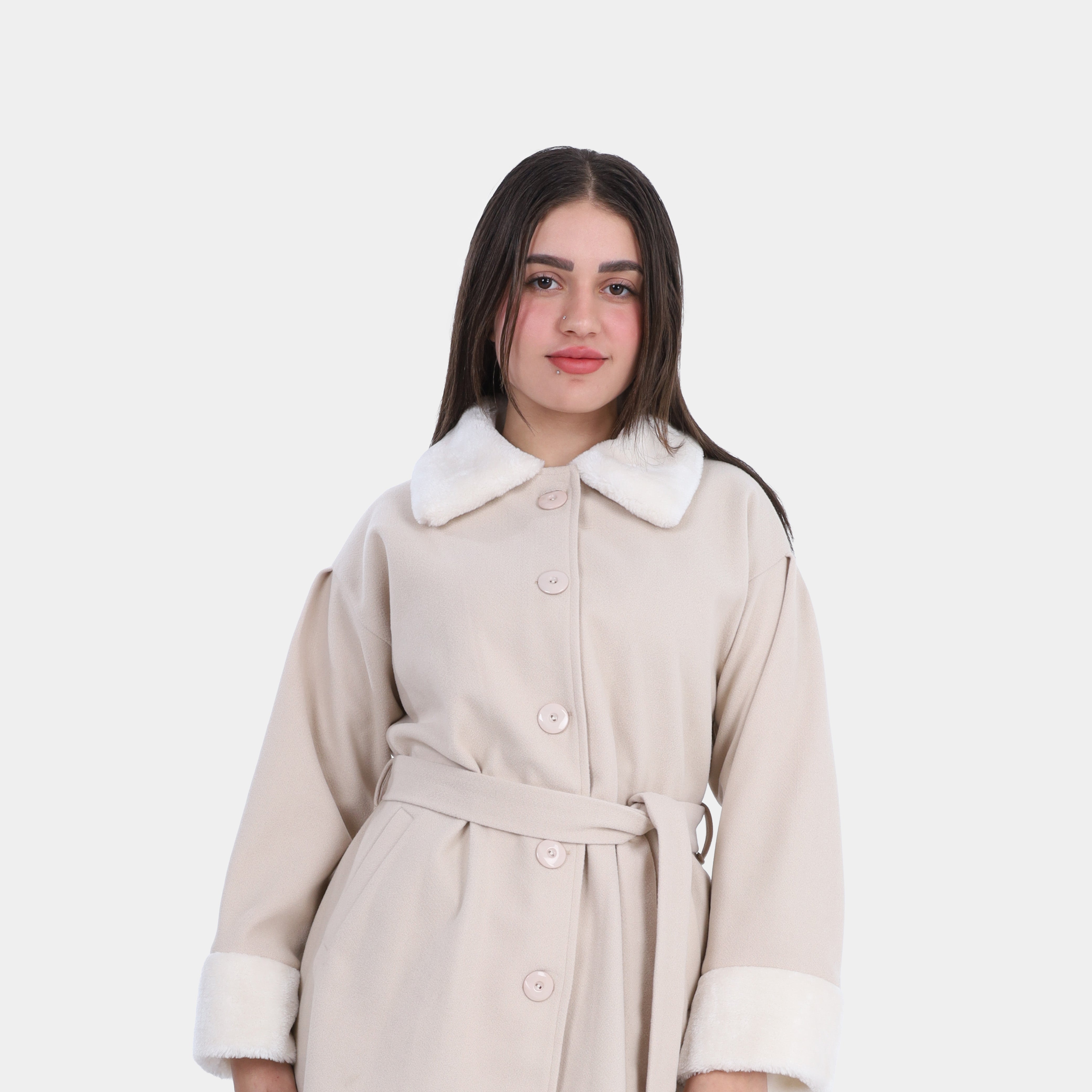 Belted Wool Jacket with Faux Fur Details w714315