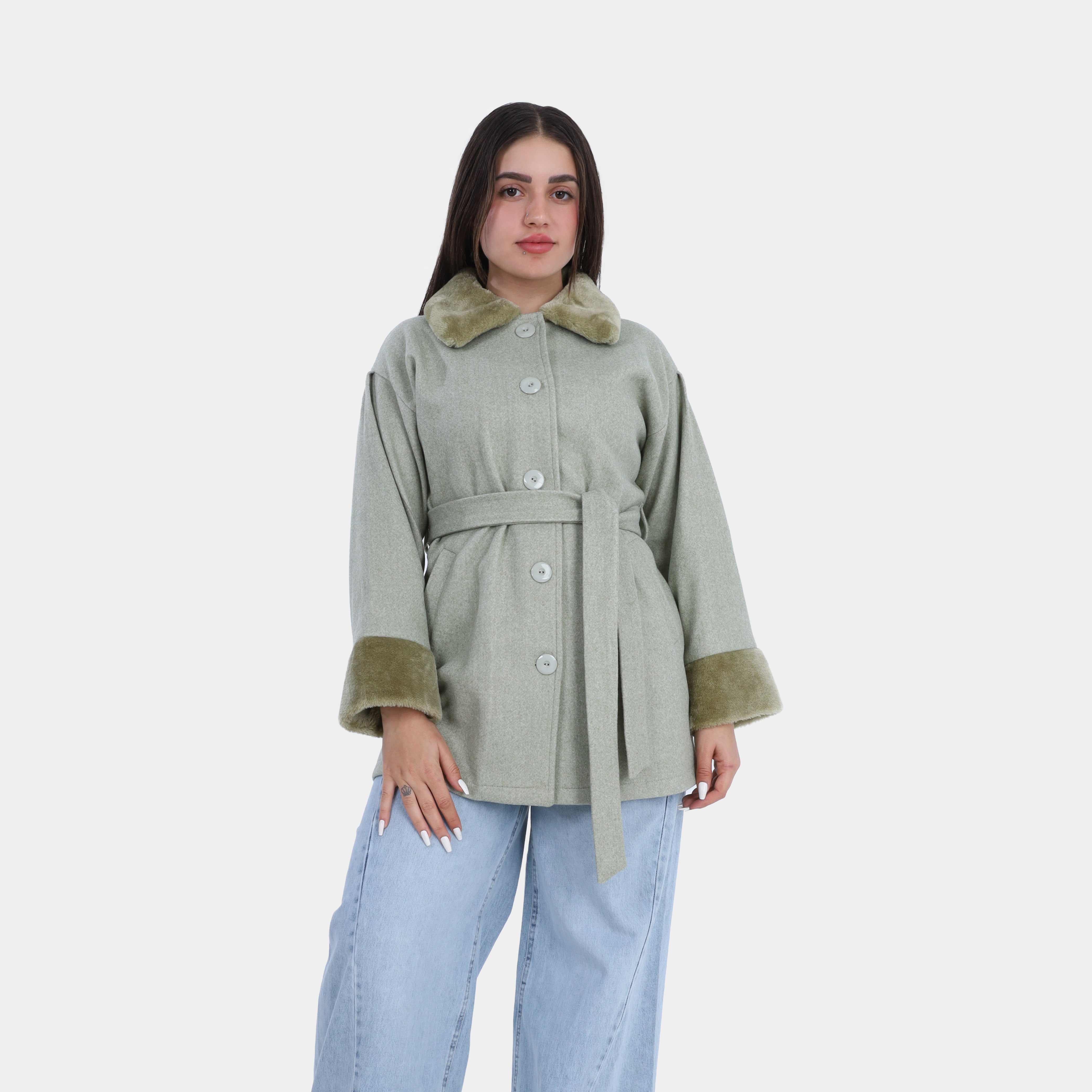 Belted Wool Jacket with Faux Fur Details w714315