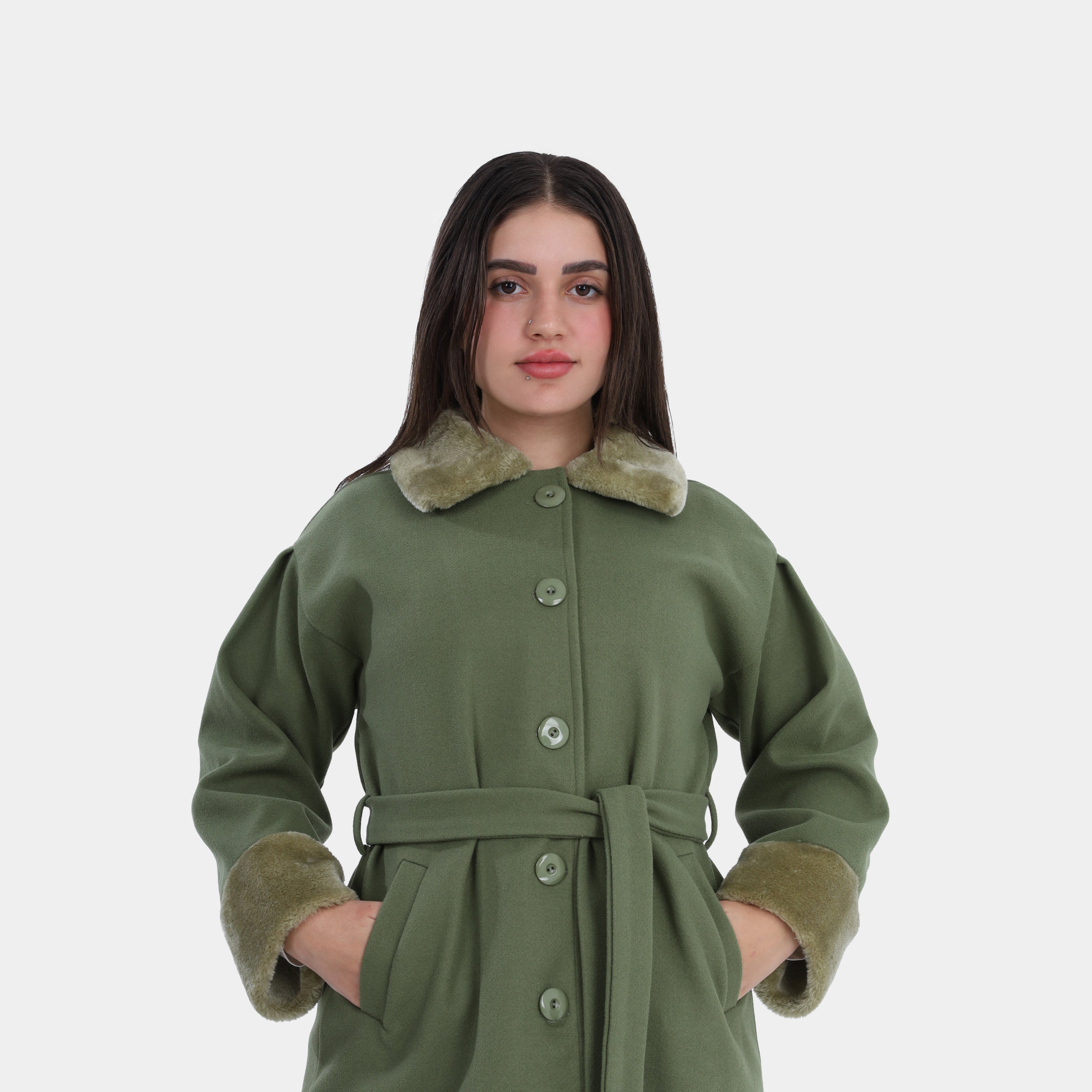 Belted Wool Jacket with Faux Fur Details w714315