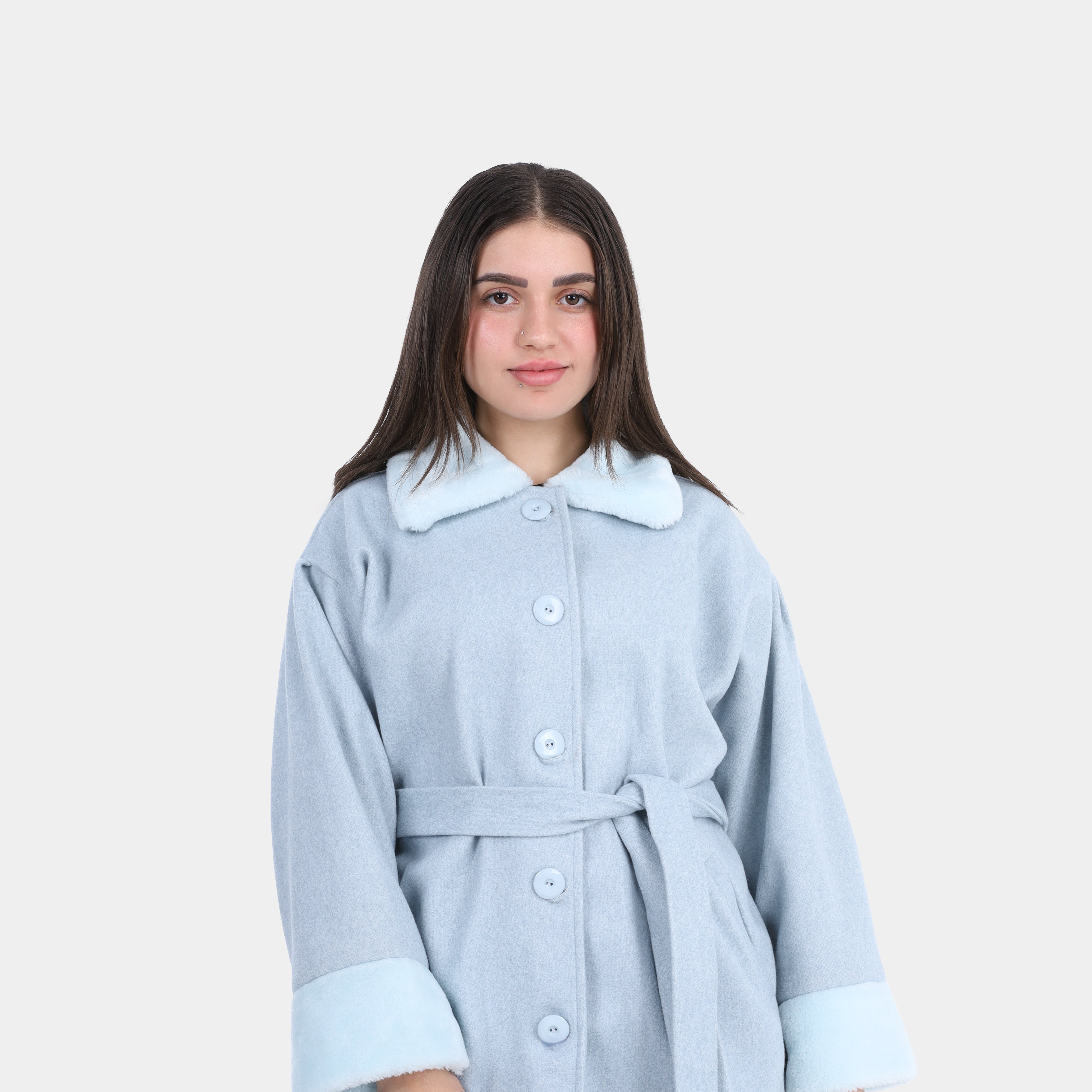 Belted Wool Jacket with Faux Fur Details w714315