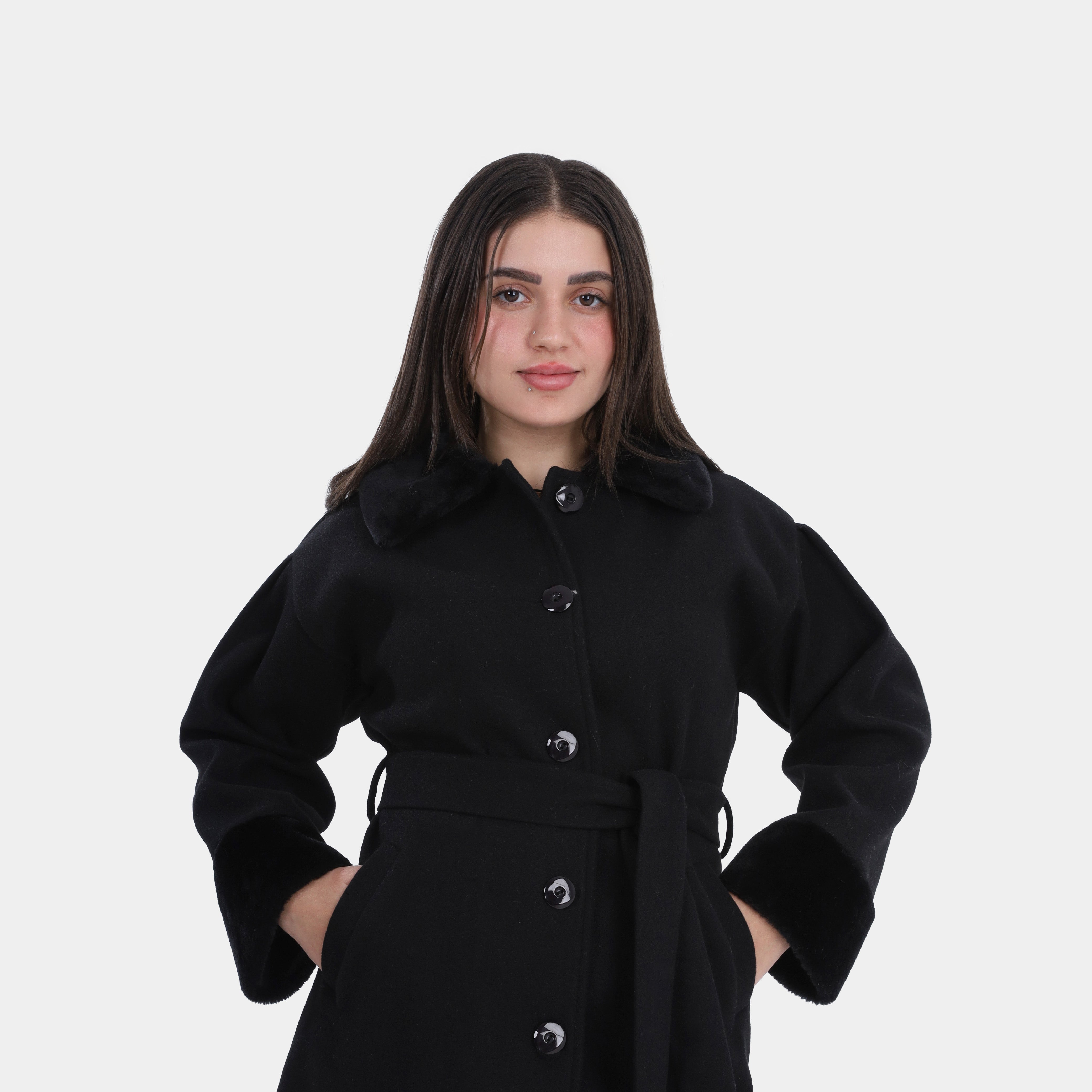 Belted Wool Jacket with Faux Fur Details w714315