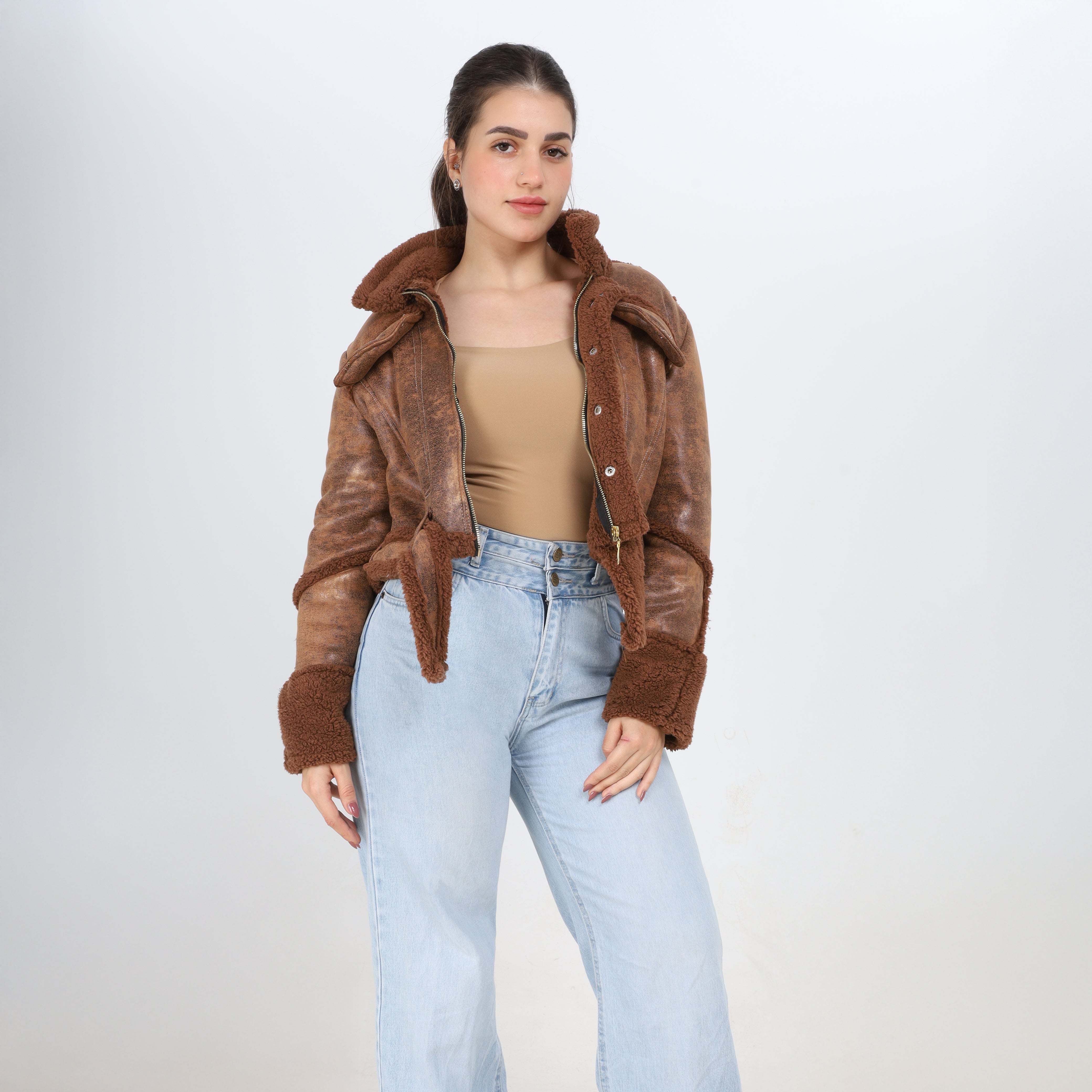 Teddy-Lined Cropped Leather Jacket w940200