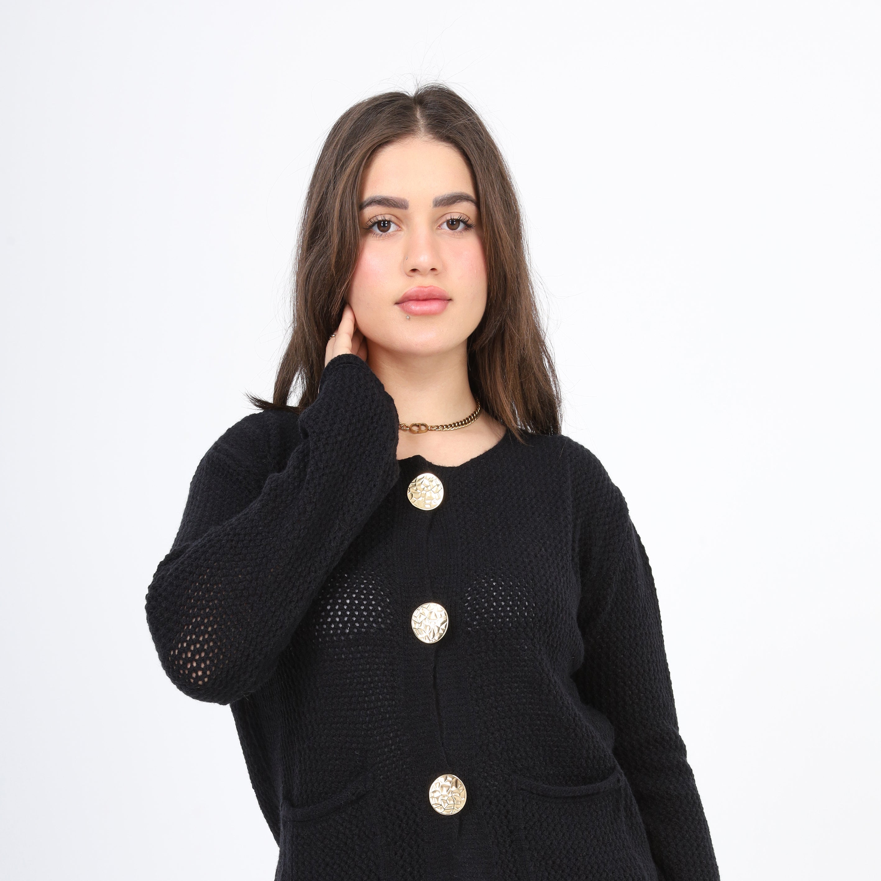 Knit Cardigan with Statement Buttons w995J002