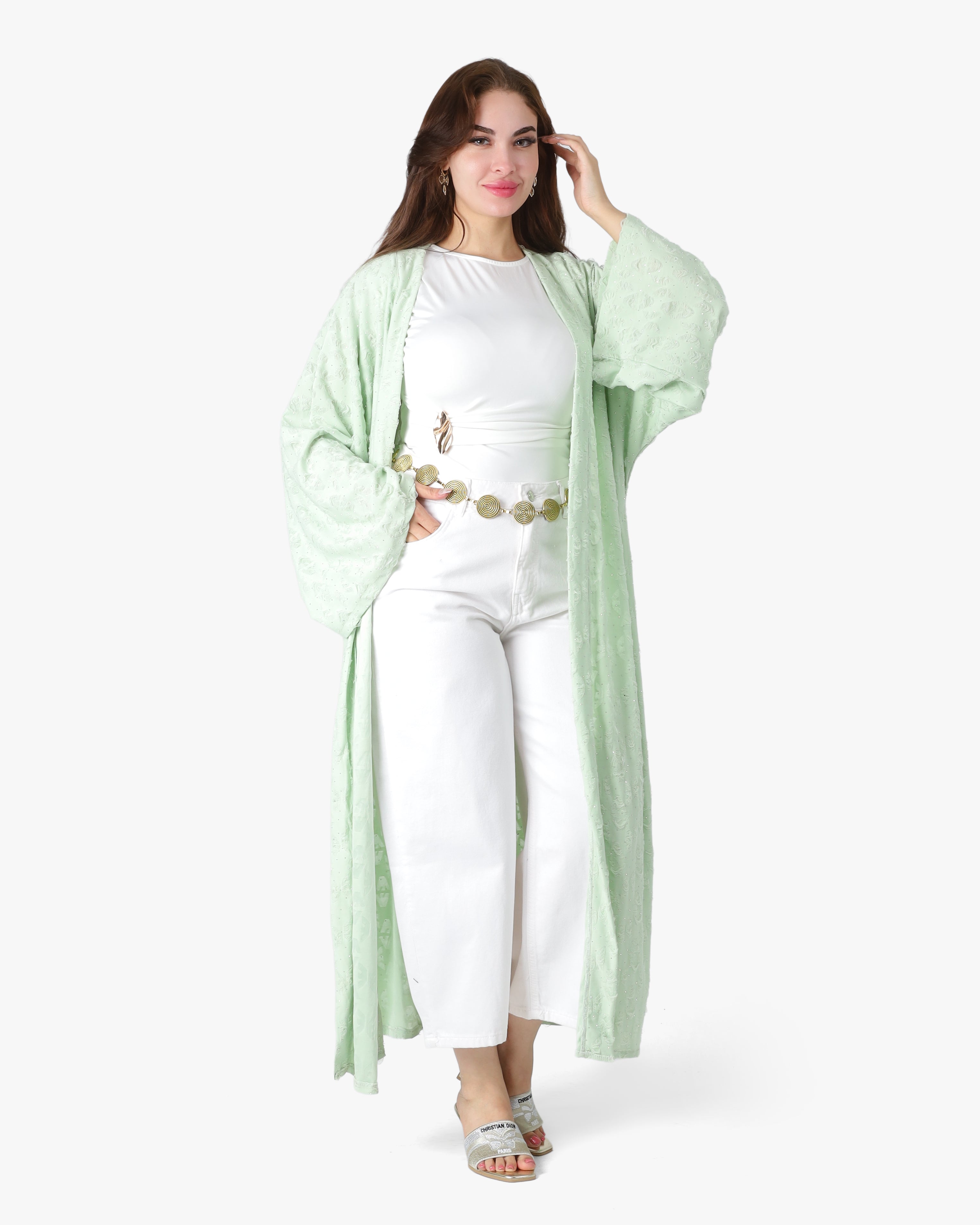 Long Open-Front Shiny Dot Cardigan 10108531