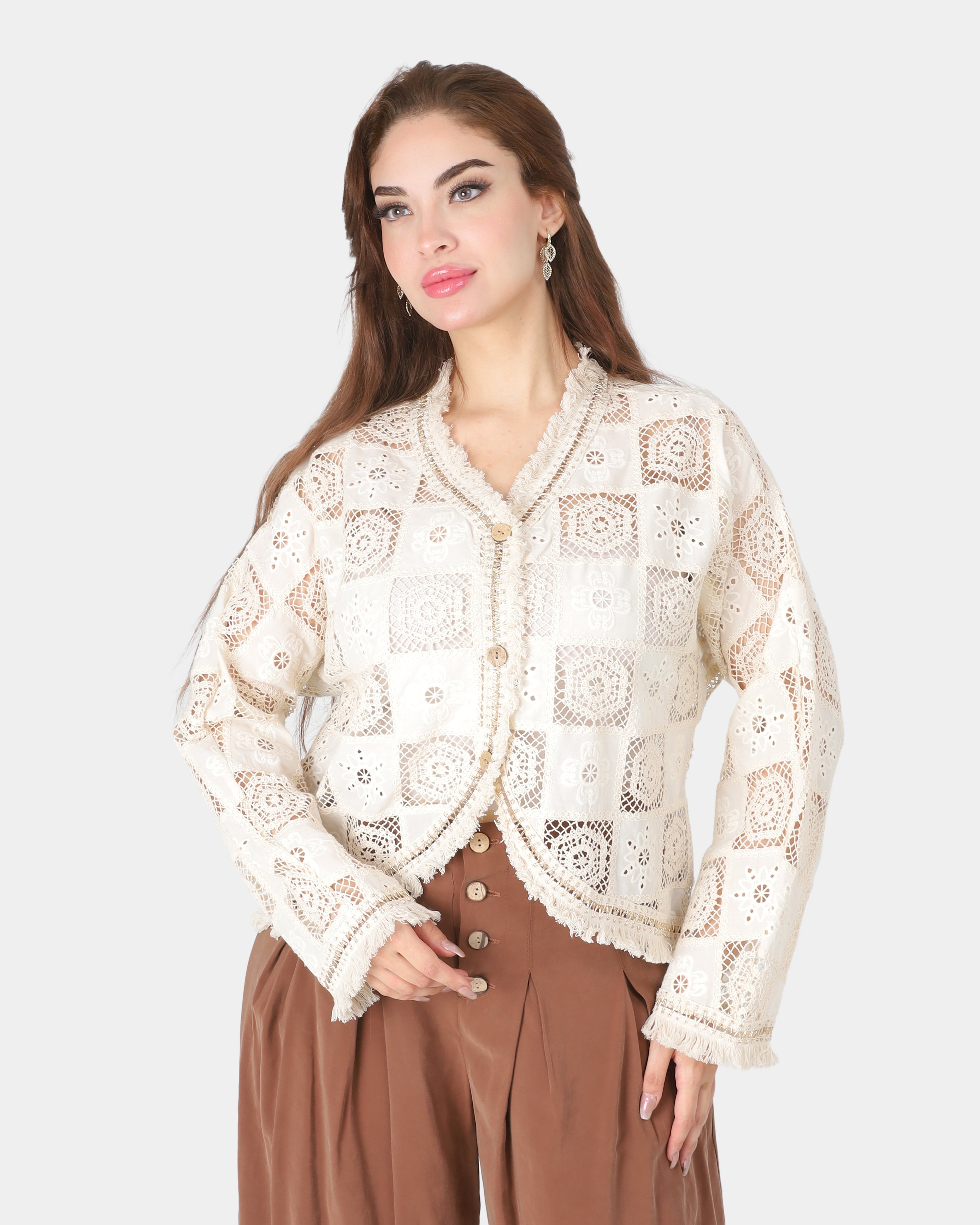 Sheer Guipure Lace Button-Front Blouse 10128668