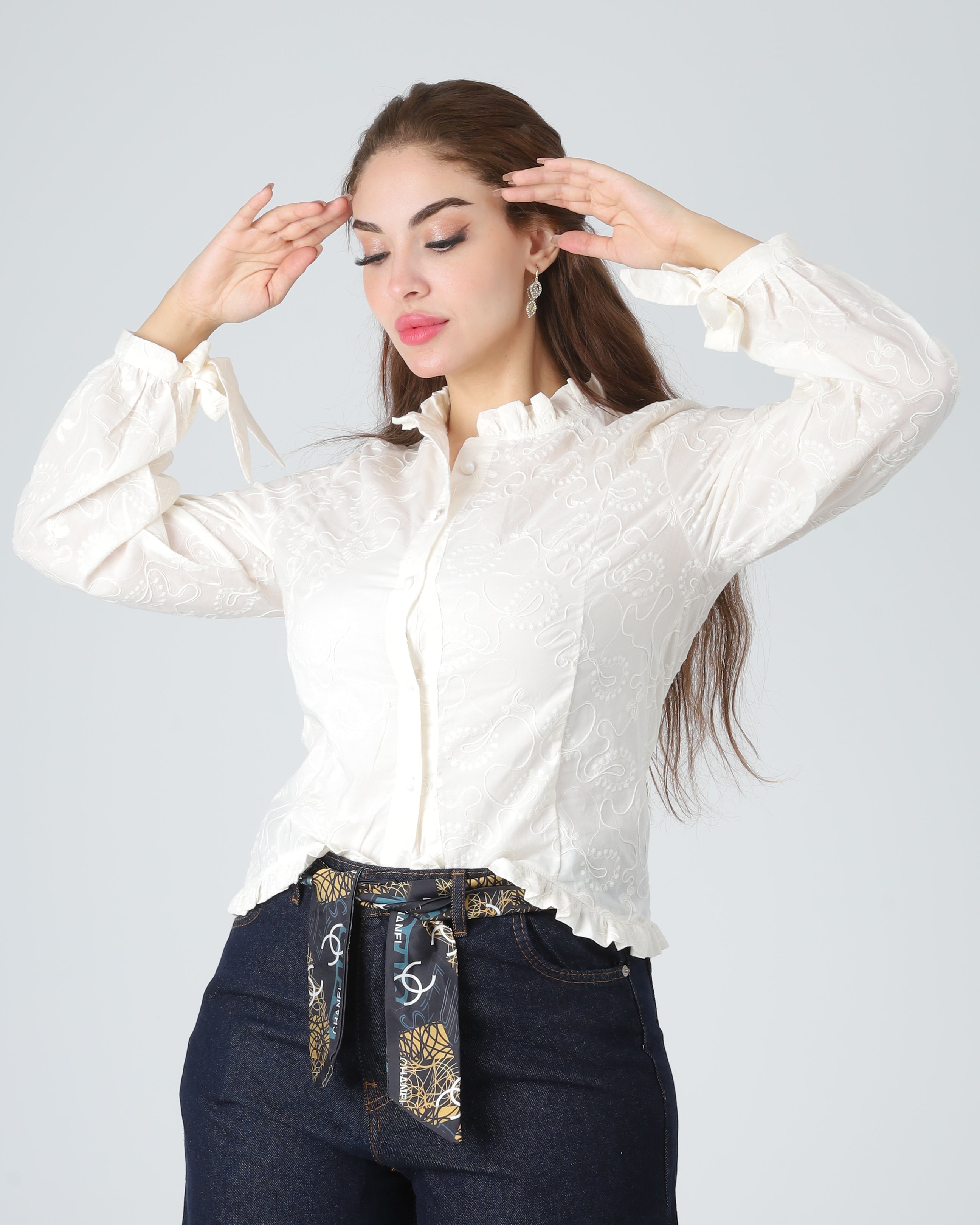 Embroidered Button-Up Blouse 10128698