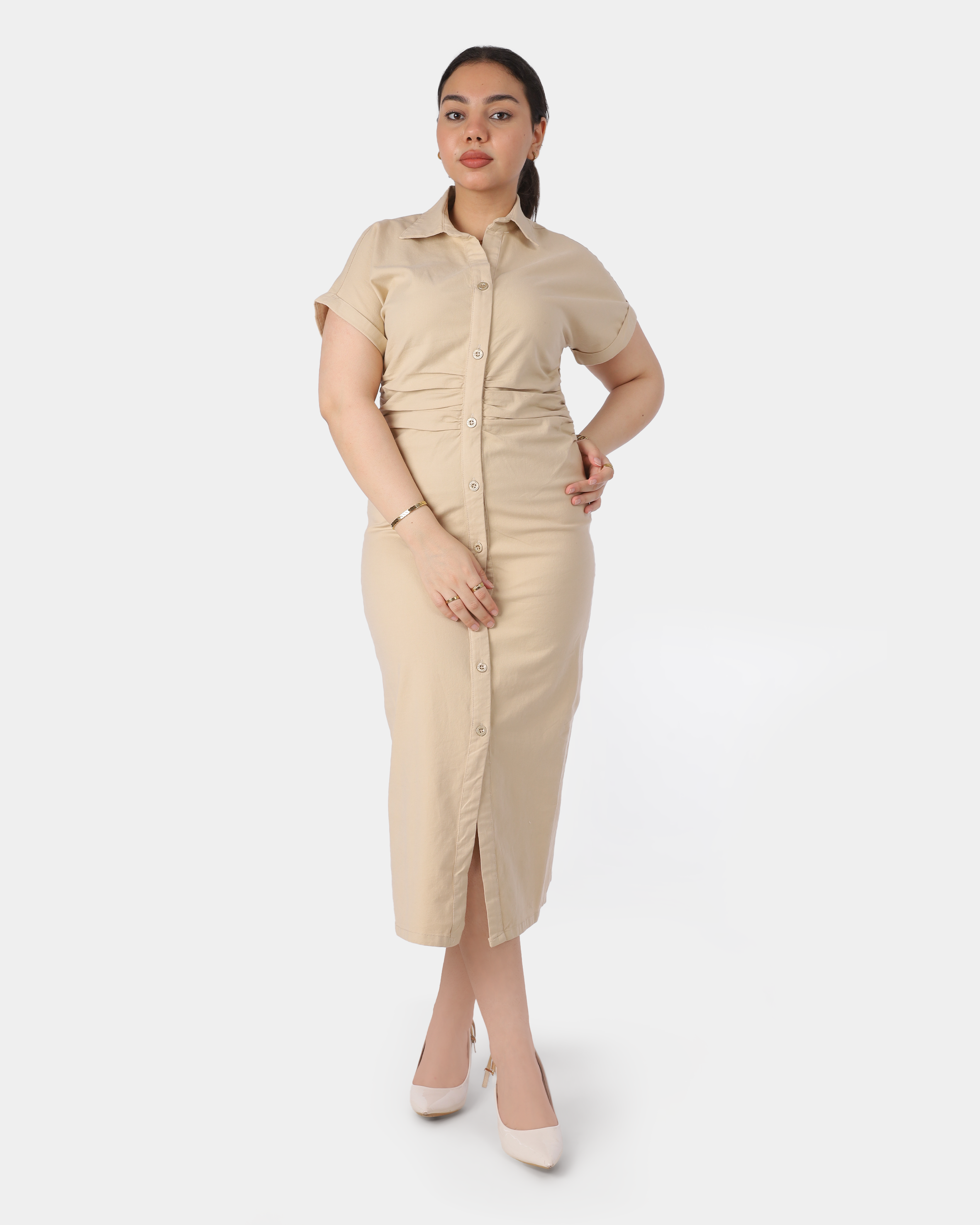 Button Front Midi Dress with Short Sleeves 10211201