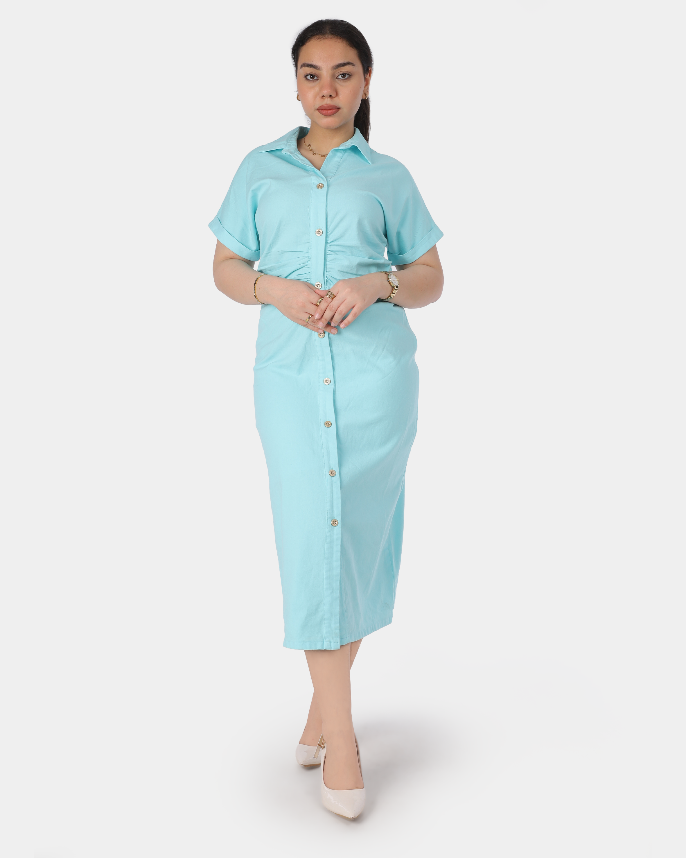 Button Front Midi Dress with Short Sleeves 10211201