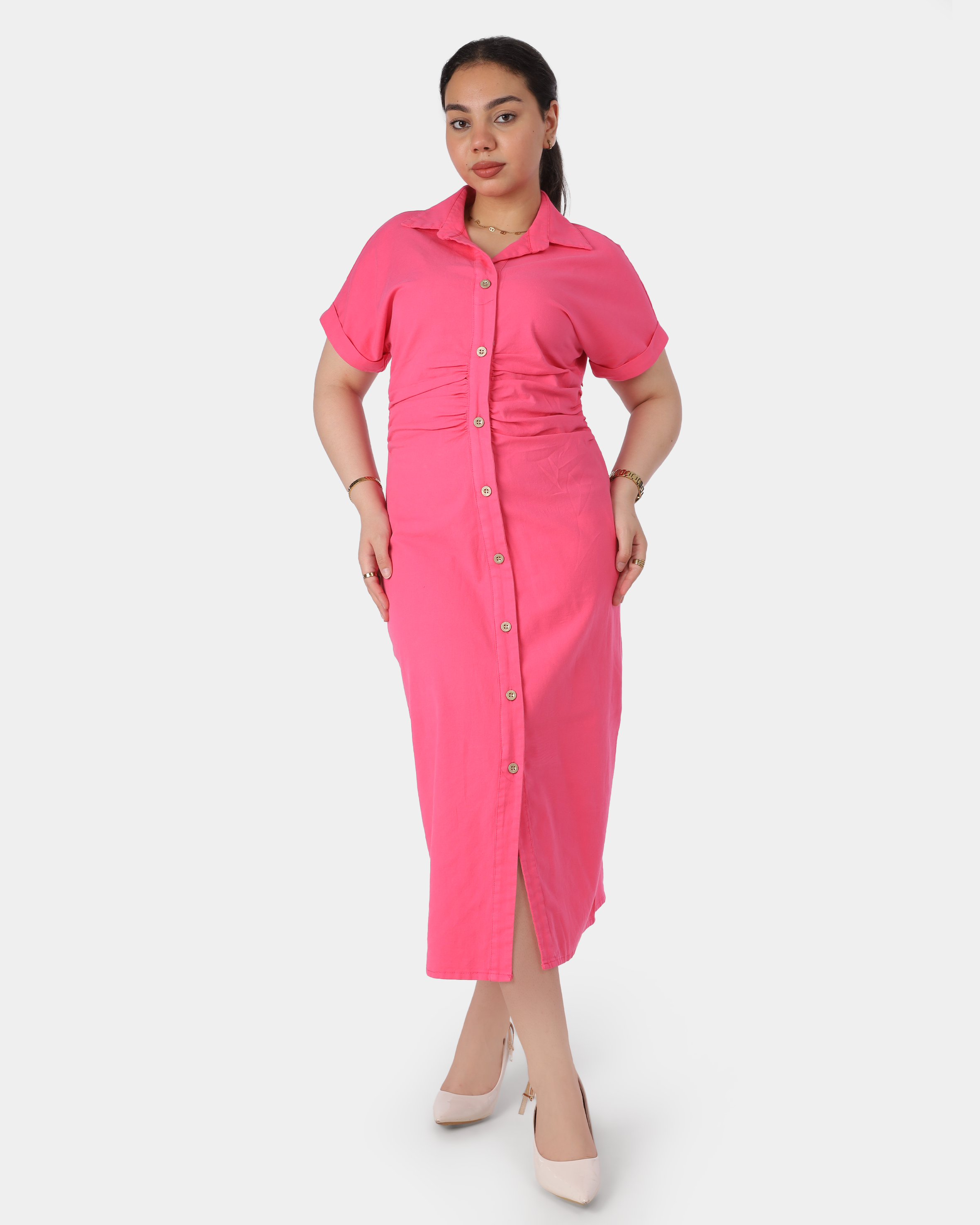 Button Front Midi Dress with Short Sleeves 10211201