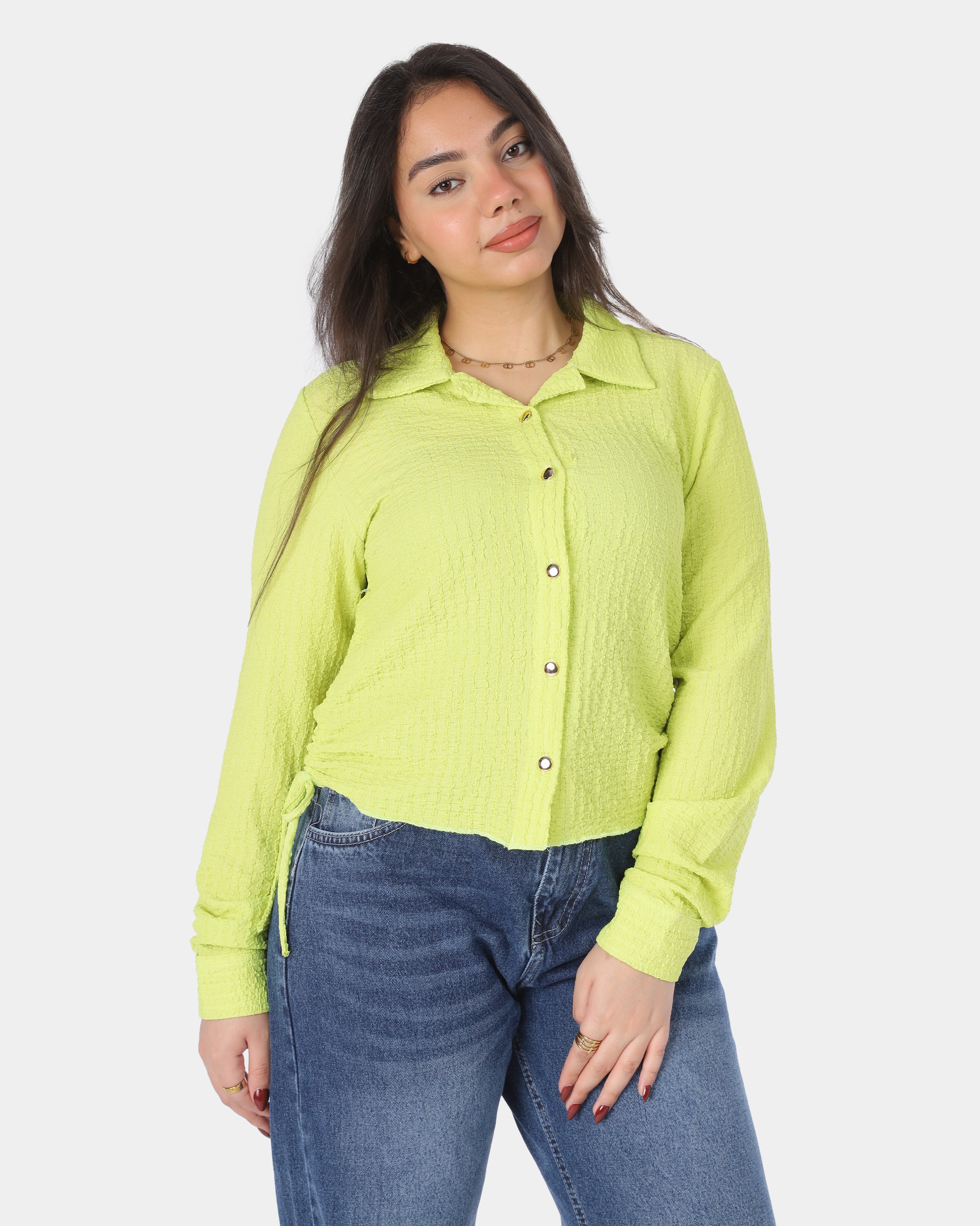 Cropped Button-Up Side Tie Blouse 698694