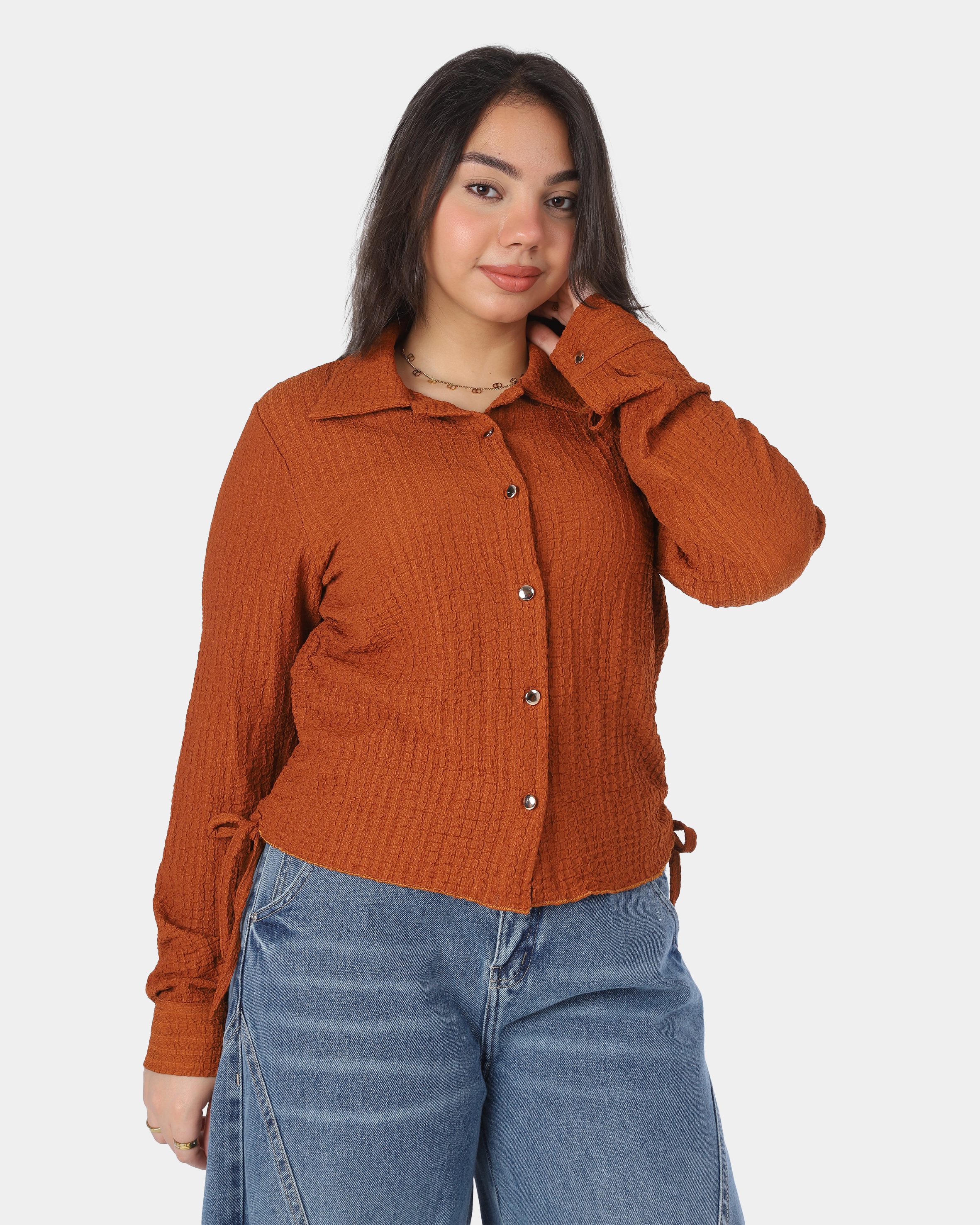 Cropped Button-Up Side Tie Blouse 698694