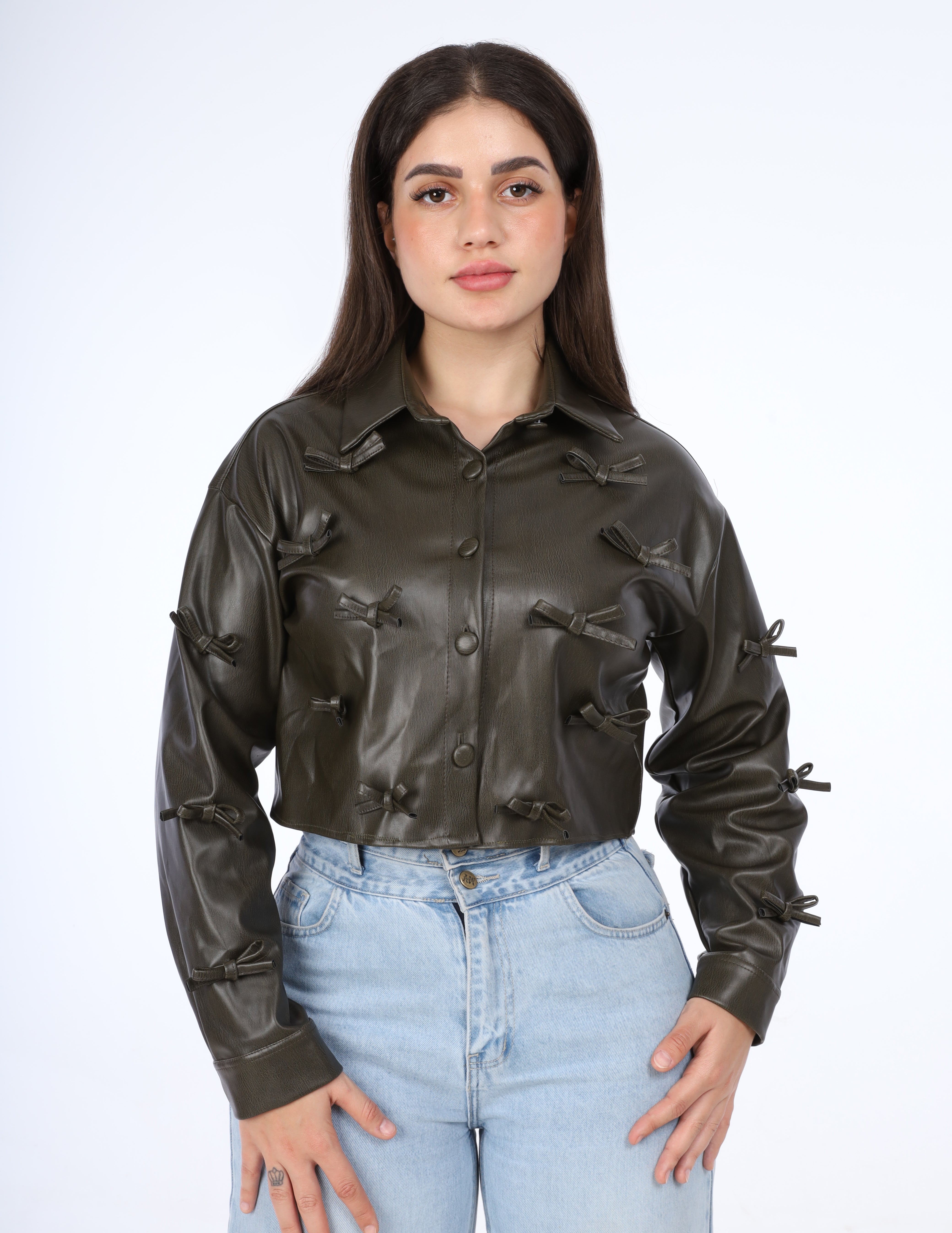 Faux Leather Bow-Detail Jacket w169110152