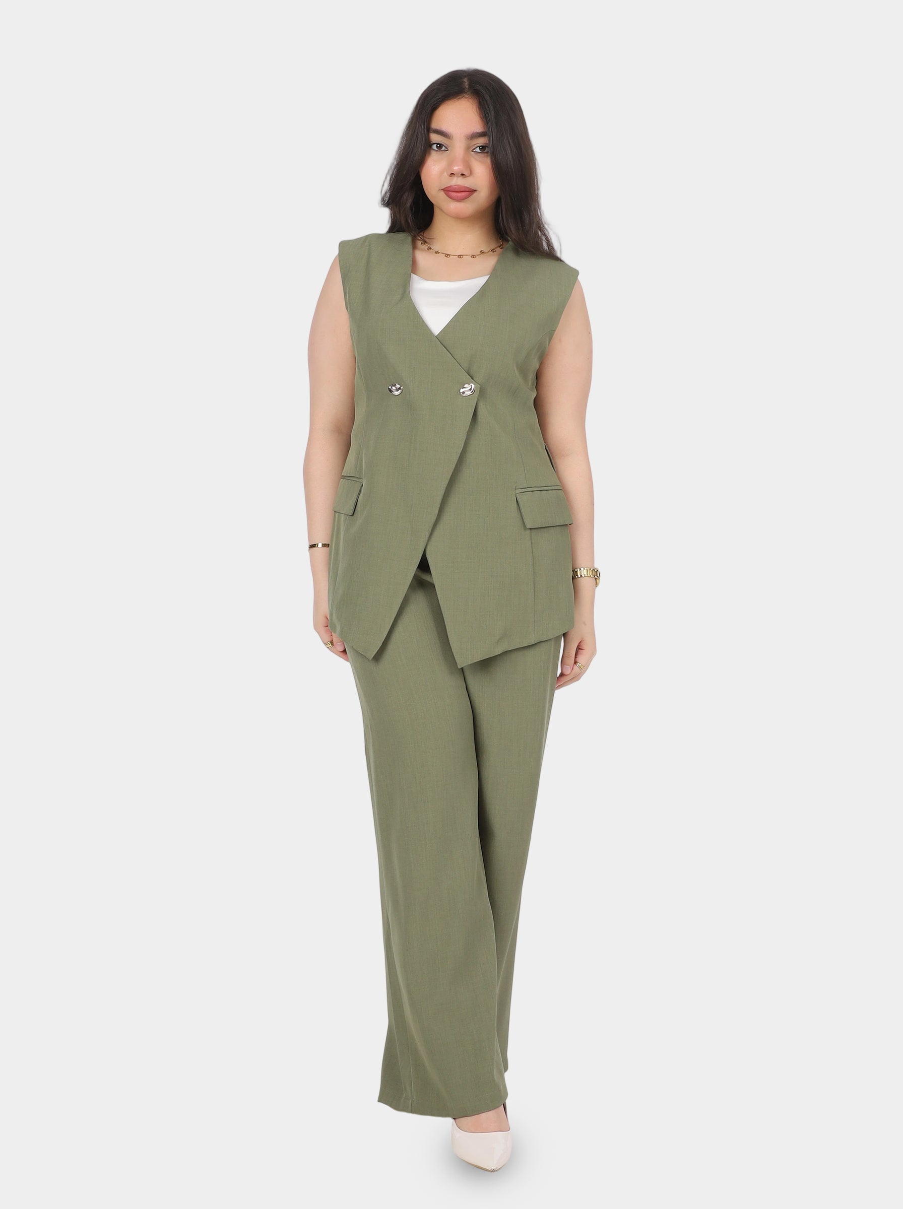 Sleeveless Blazer Wide-Leg Pants Suit 2000/022