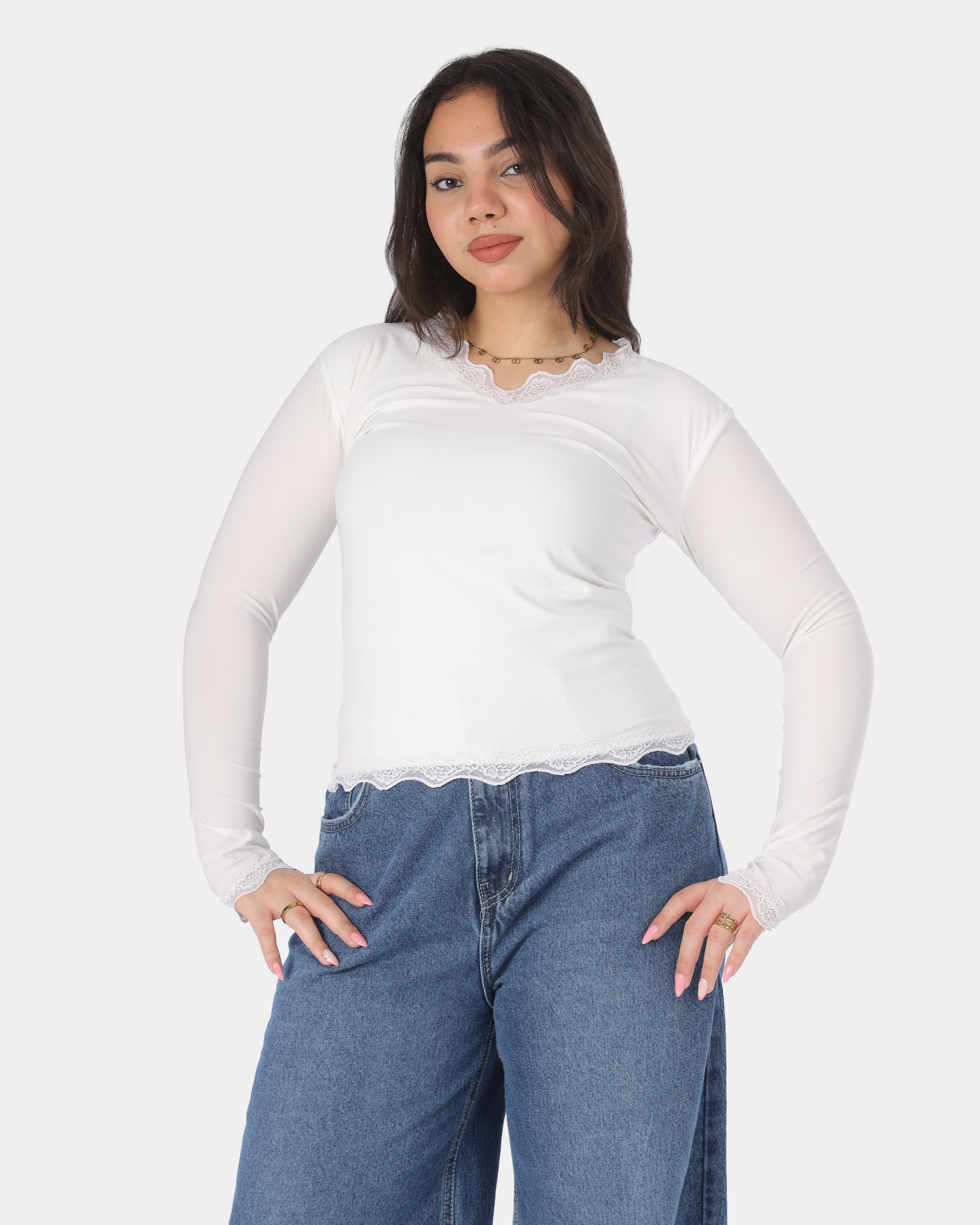 Basic V-Neck Lace Trim Top 2011/176