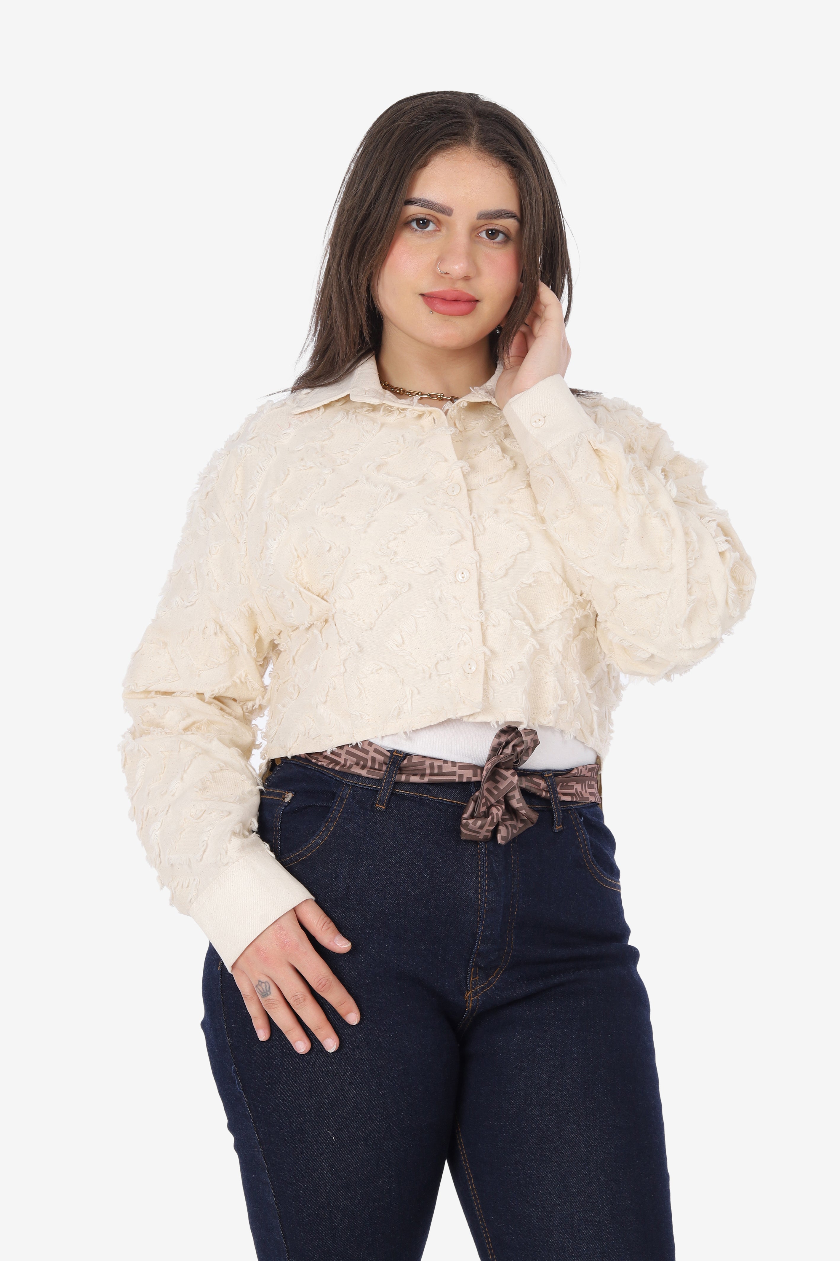 Textured Cropped Button-Up Blouse 1514540