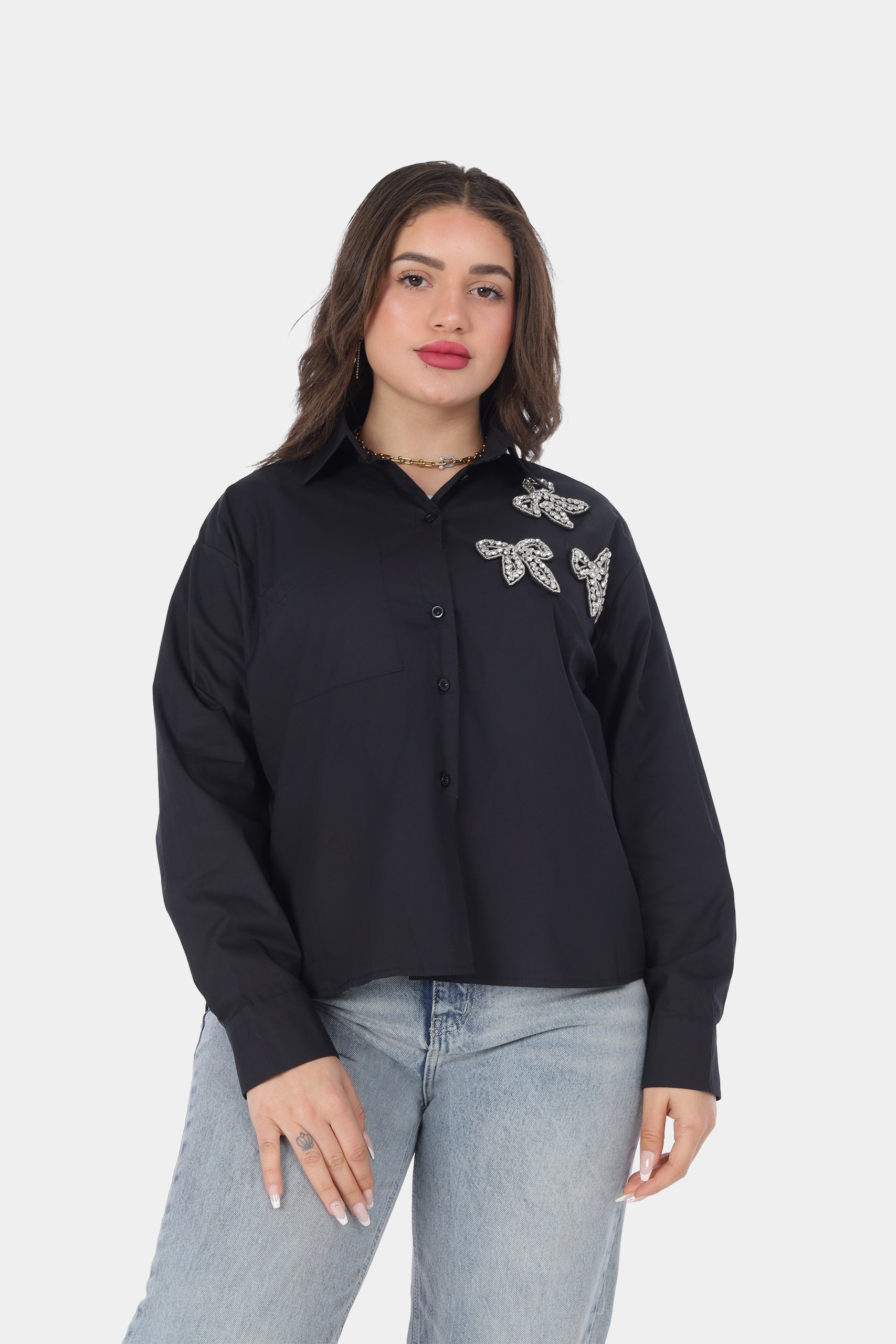Embellished Bow Detail Button-Up Shirt 20966014