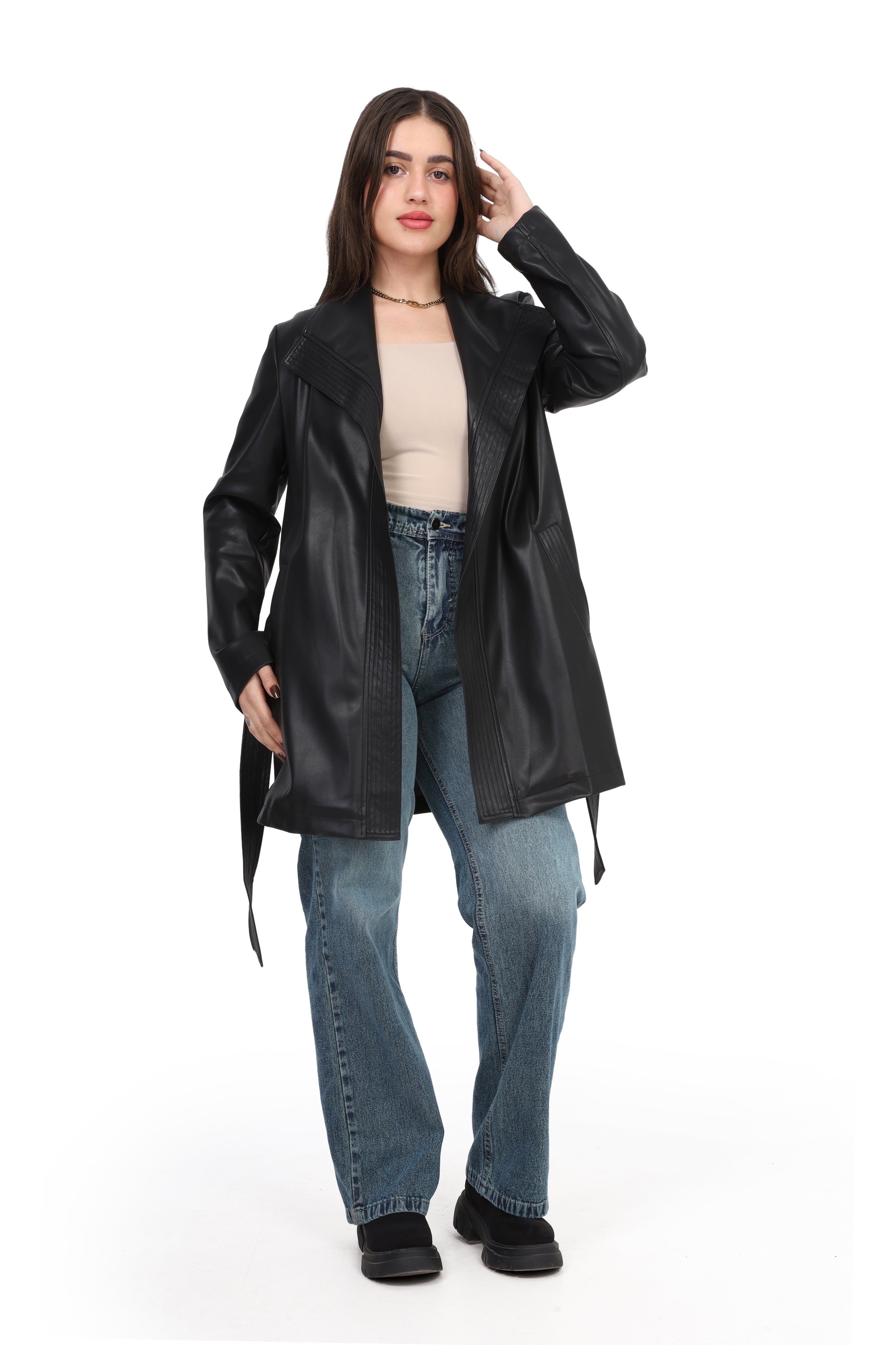 Belted Faux Leather Coat 2141/310/555