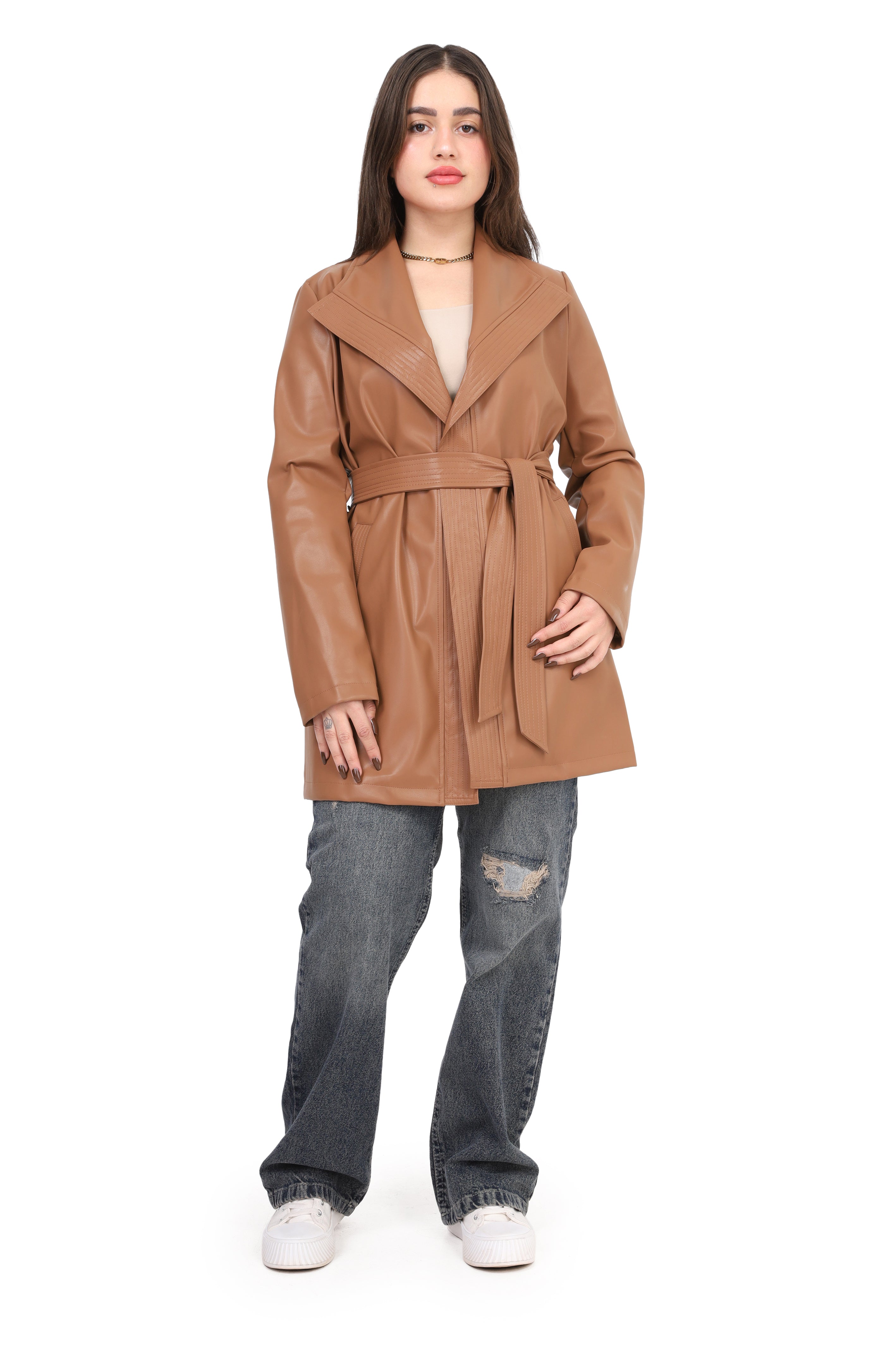 Belted Faux Leather Coat 2141/310/555