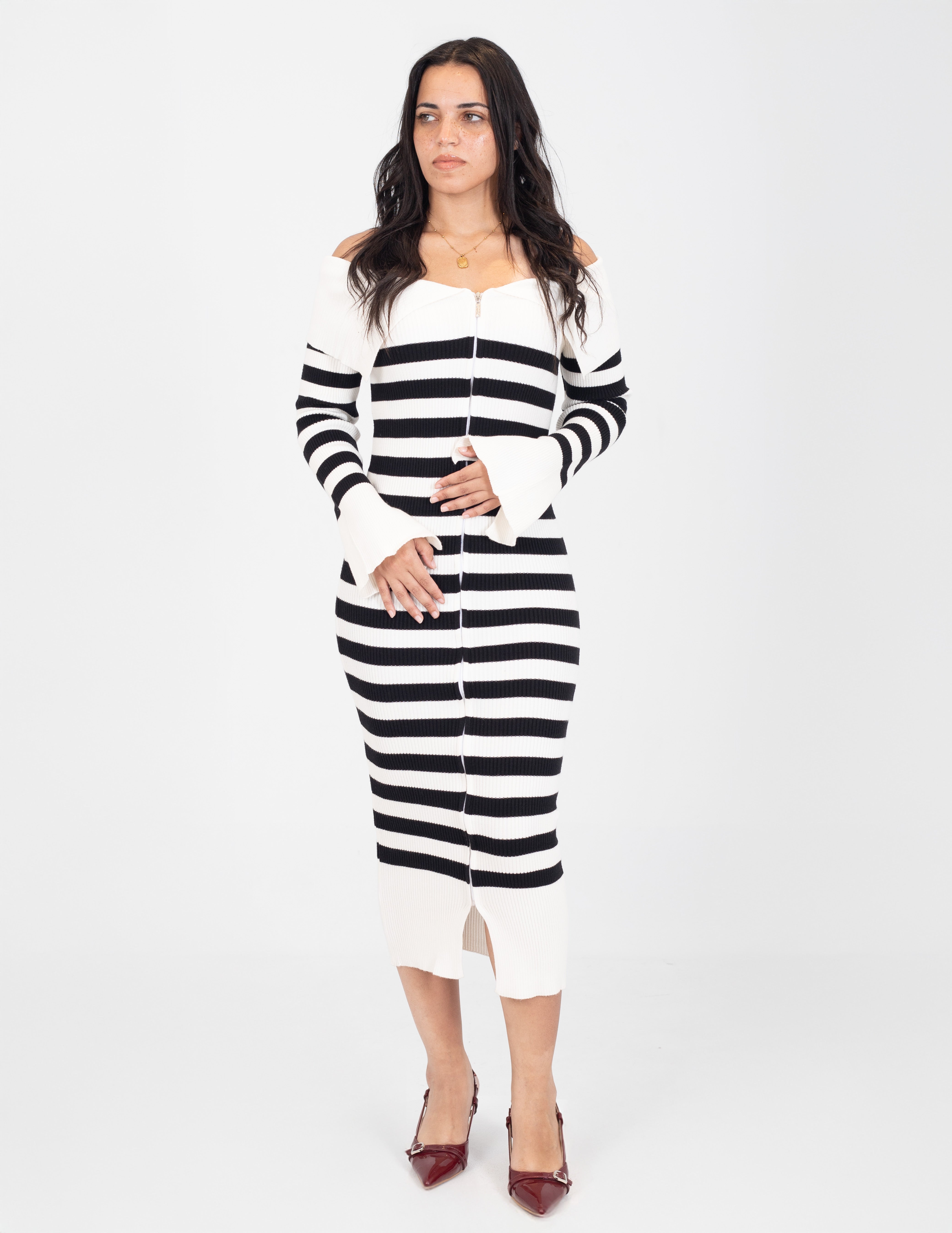 Striped Off-Shoulder Maxi Dress with Front Zipper  w16252634