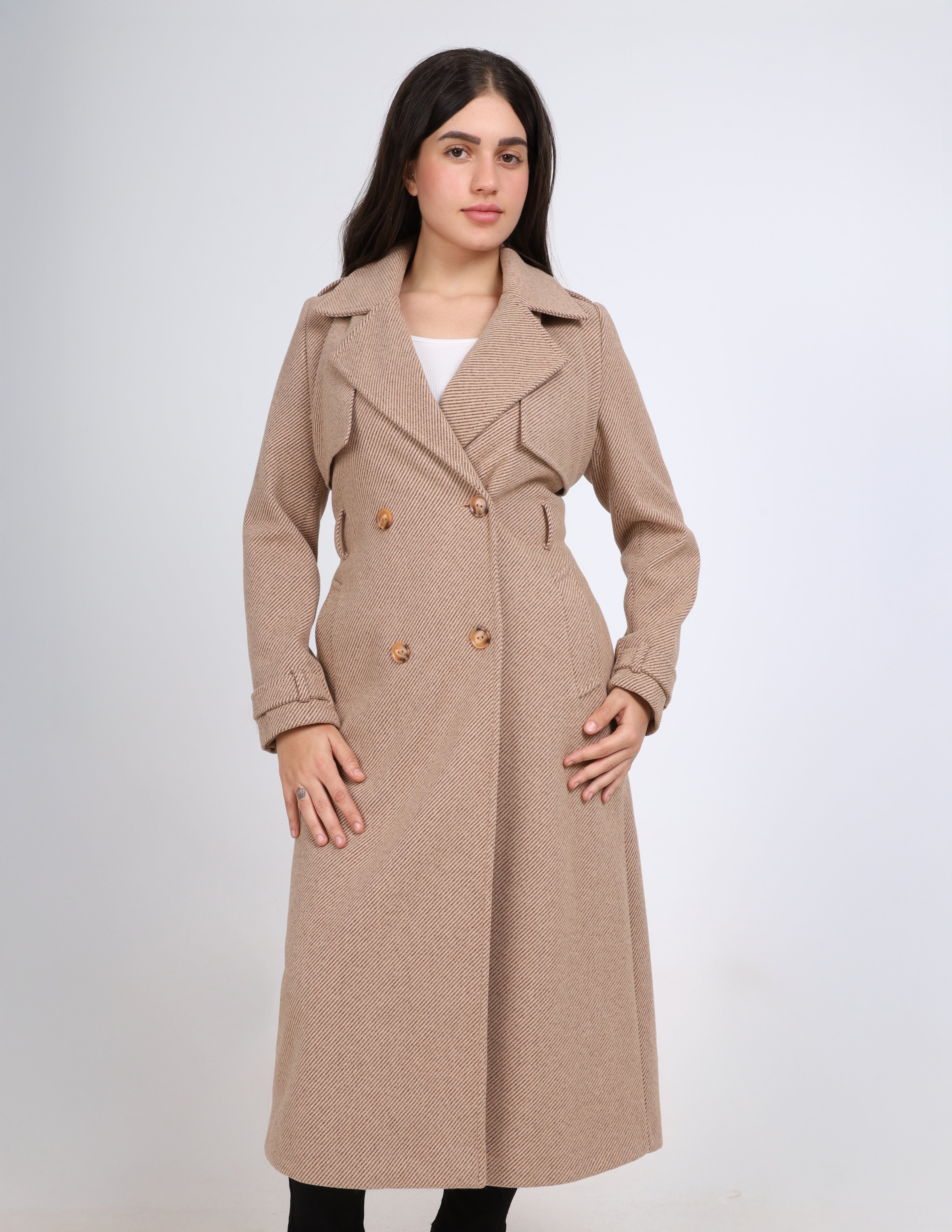Belted Herringbone Long Trench Coat w169711400