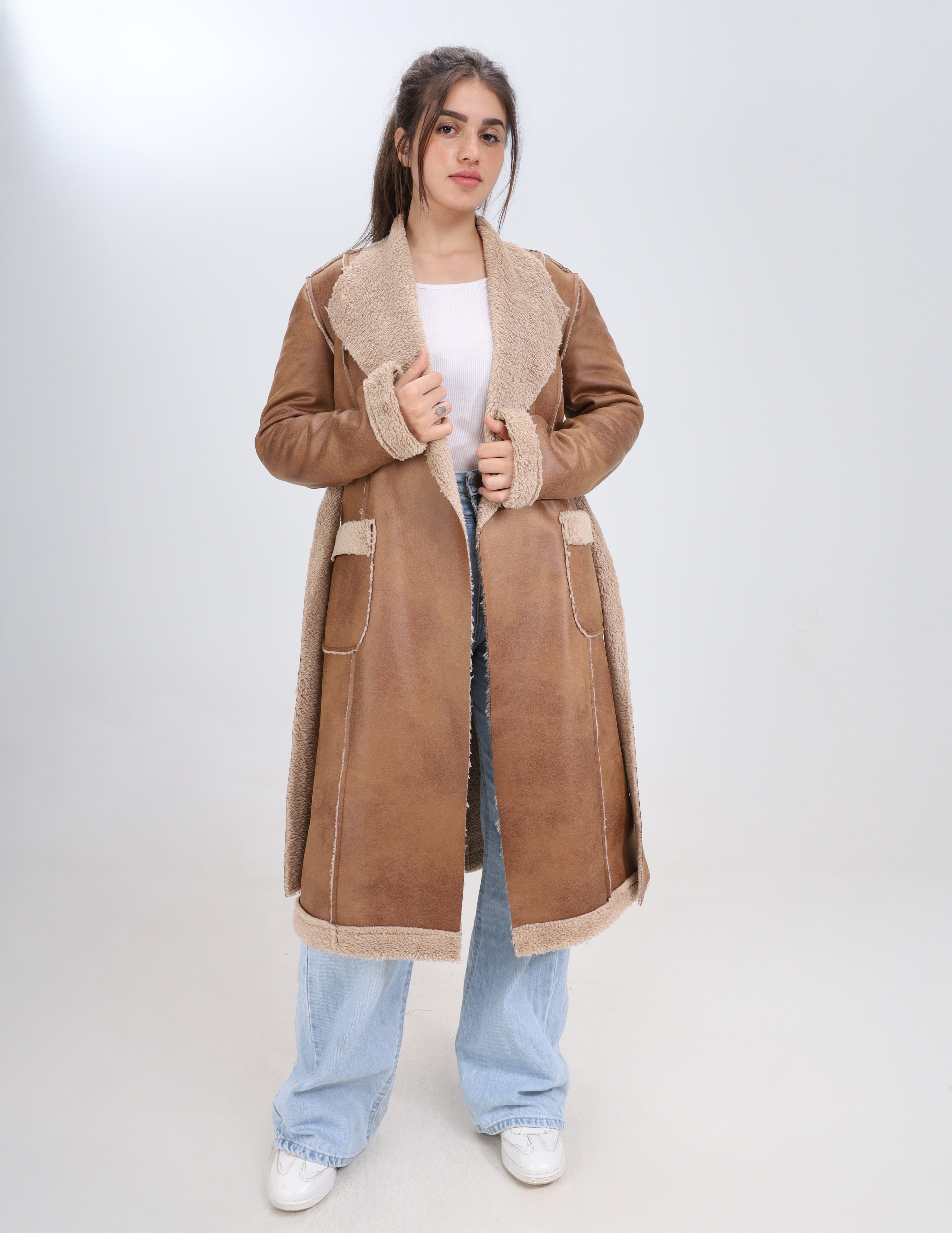 Long Faux Shearling Coat with Belt w1630172