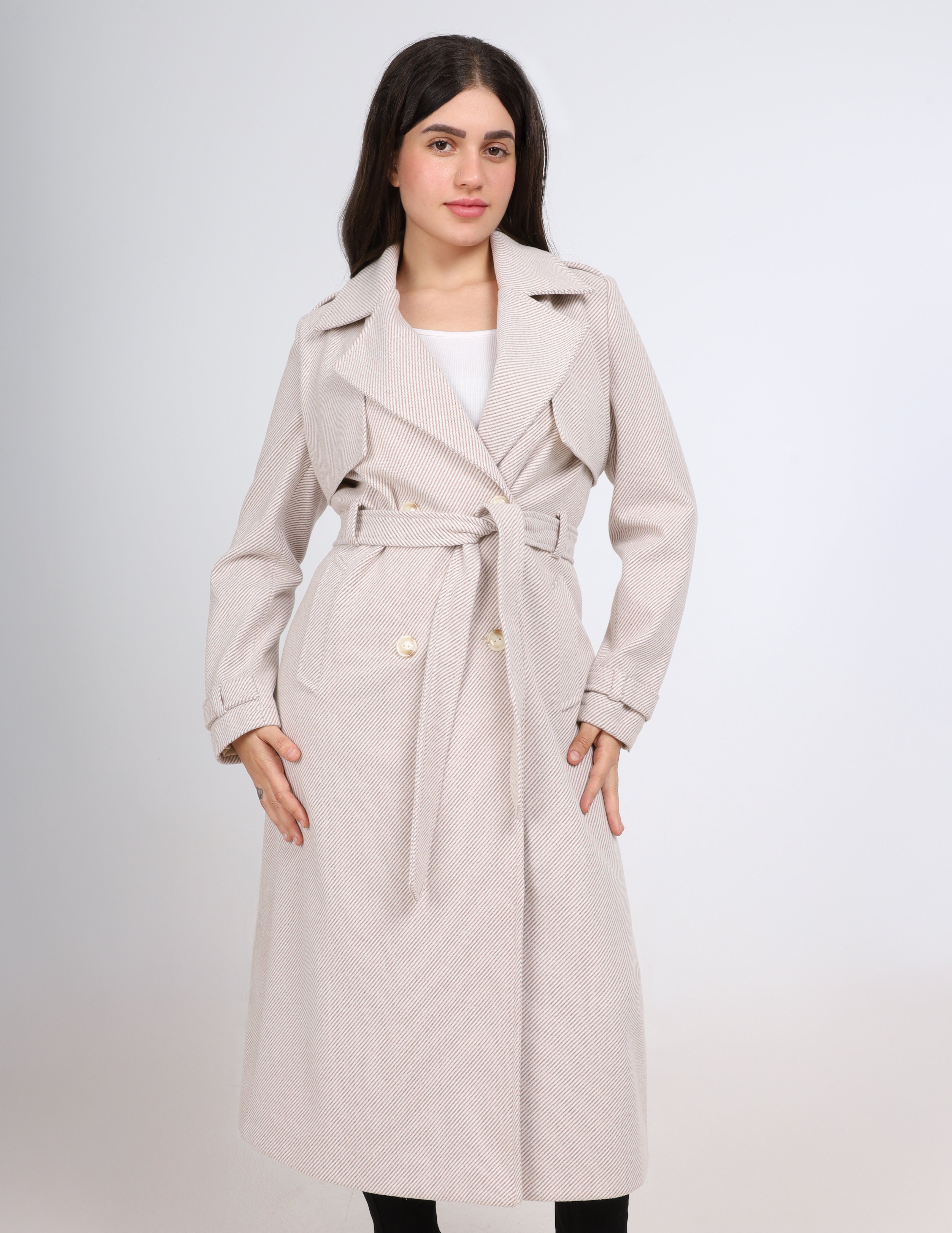 Belted Herringbone Long Trench Coat w169711400